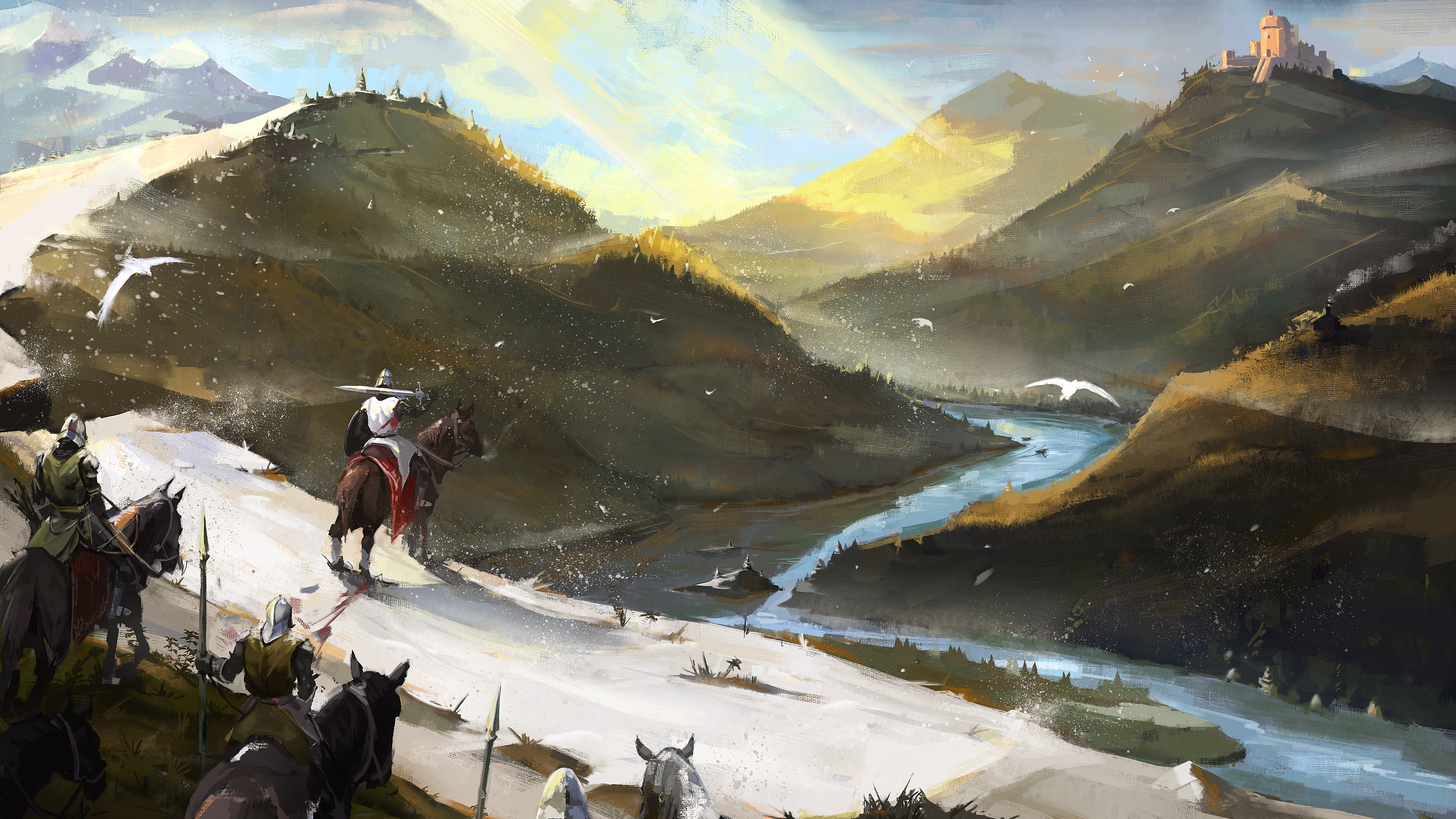 Download mobile wallpaper Landscape, Fantasy, Warrior, Horse, River, Knight, Castle for free.