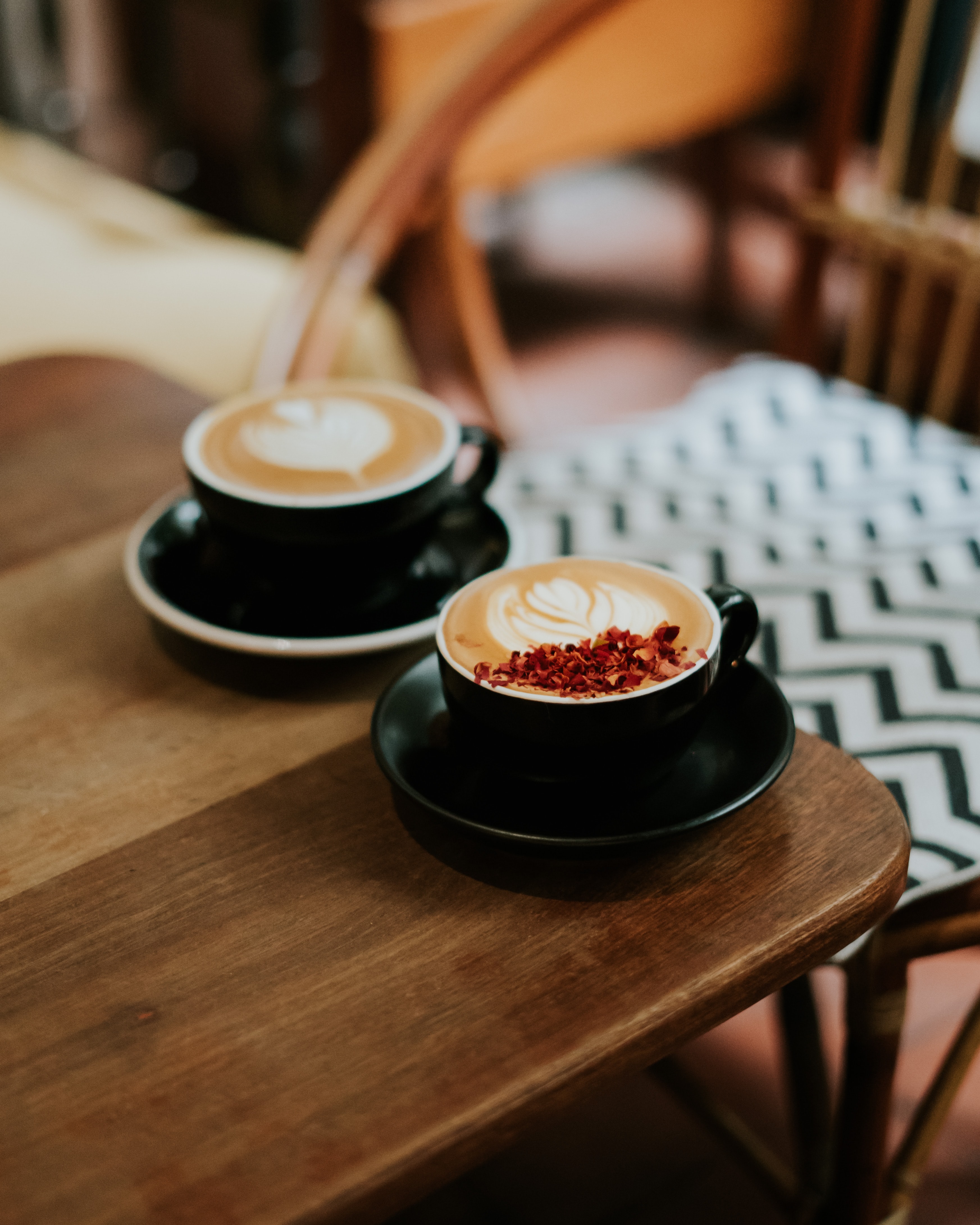 food, cups, wood, wooden, table, cappuccino