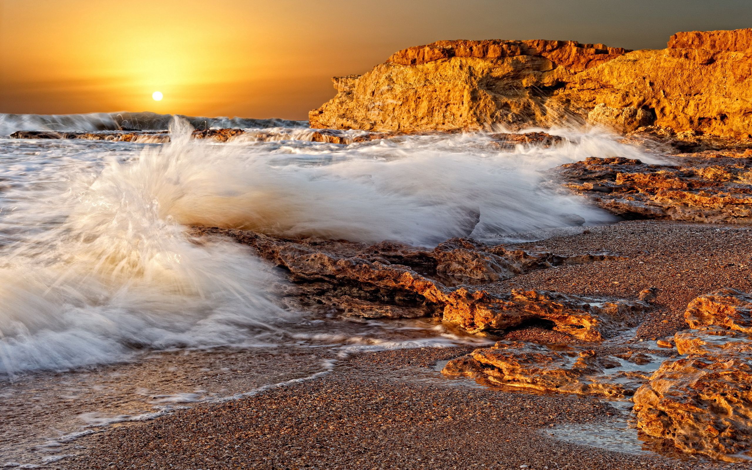 nature, sunset, stones, sea, sun, orange, rocks, shore, bank, spray, splash, wave, disk, porous