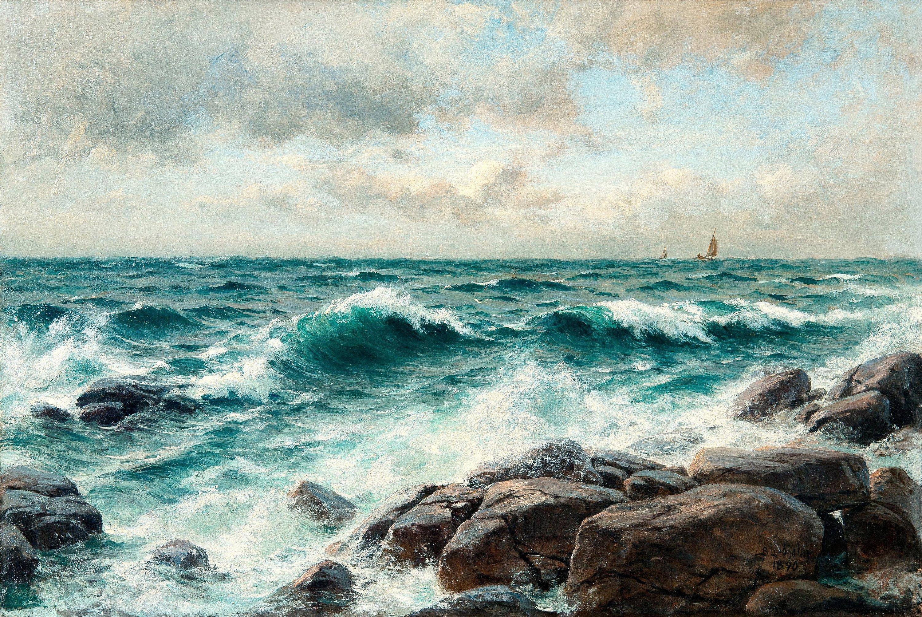 Download mobile wallpaper Sea, Horizon, Ocean, Painting, Sailboat, Artistic, Wave for free.