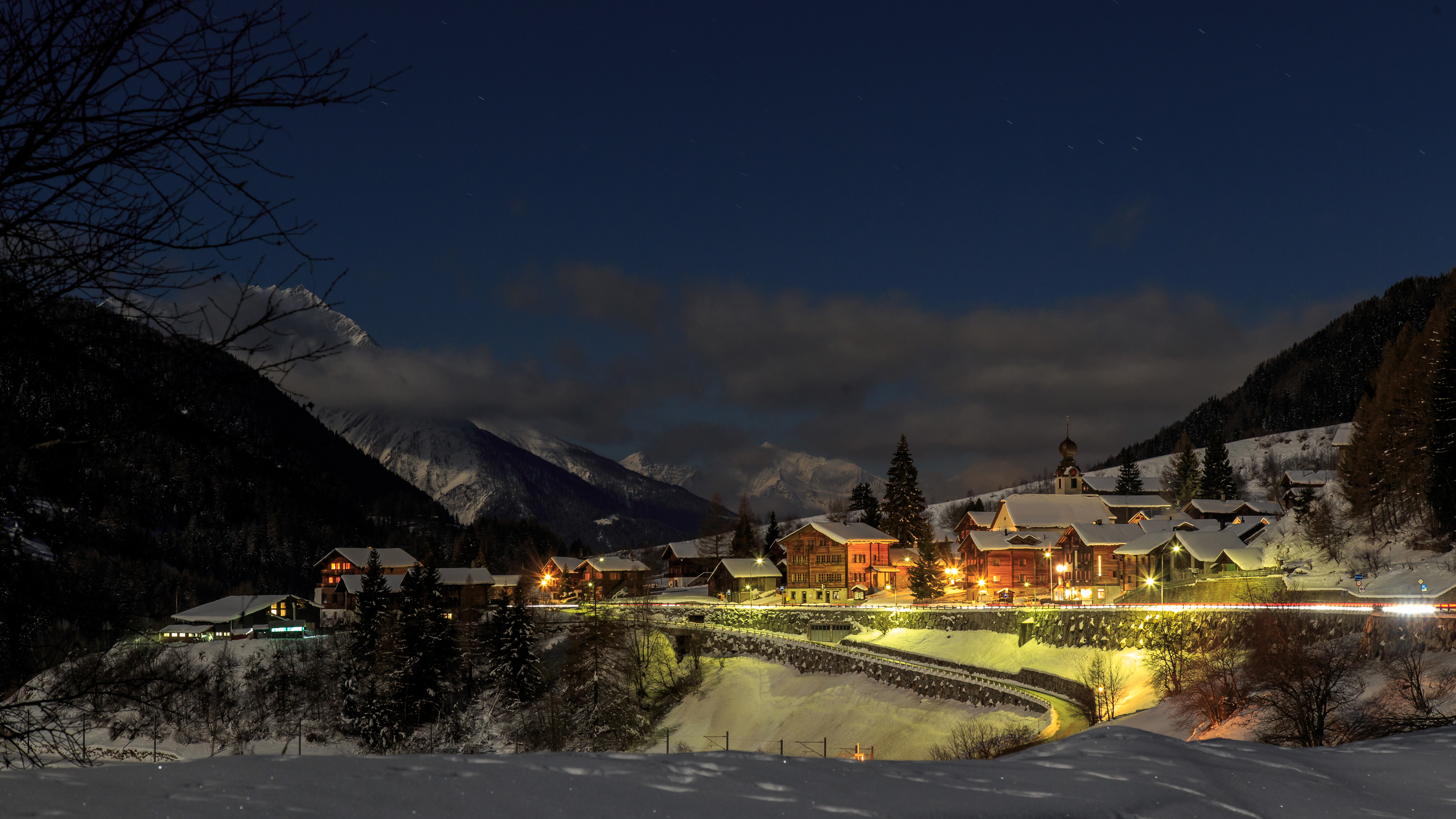 Download mobile wallpaper Winter, Night, Snow, Tree, Village, Switzerland, Man Made for free.