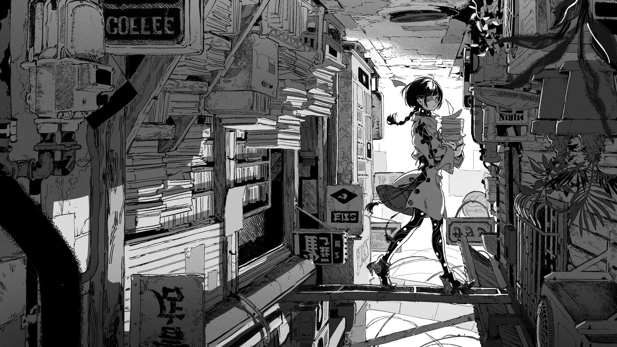 Download mobile wallpaper Anime, Cyberpunk, Girl, Black & White for free.