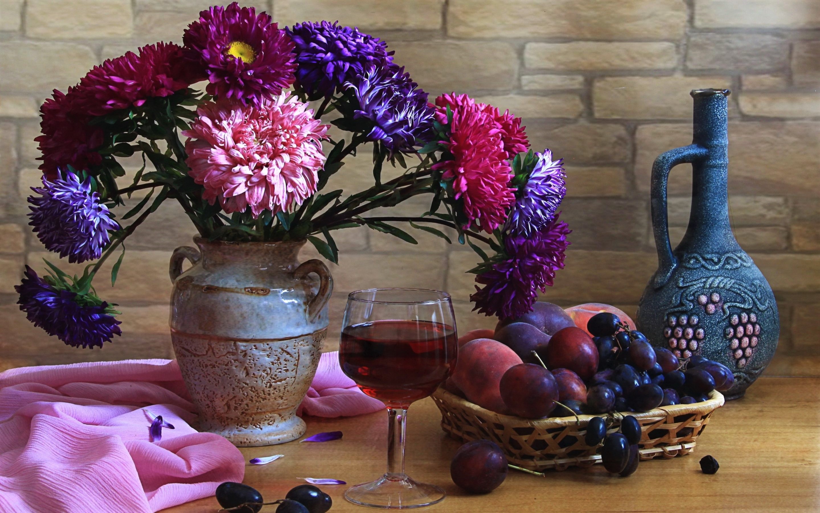 Free download wallpaper Still Life, Flower, Glass, Fruit, Vase, Basket, Photography, Bottle, Purple Flower, Pink Flower on your PC desktop