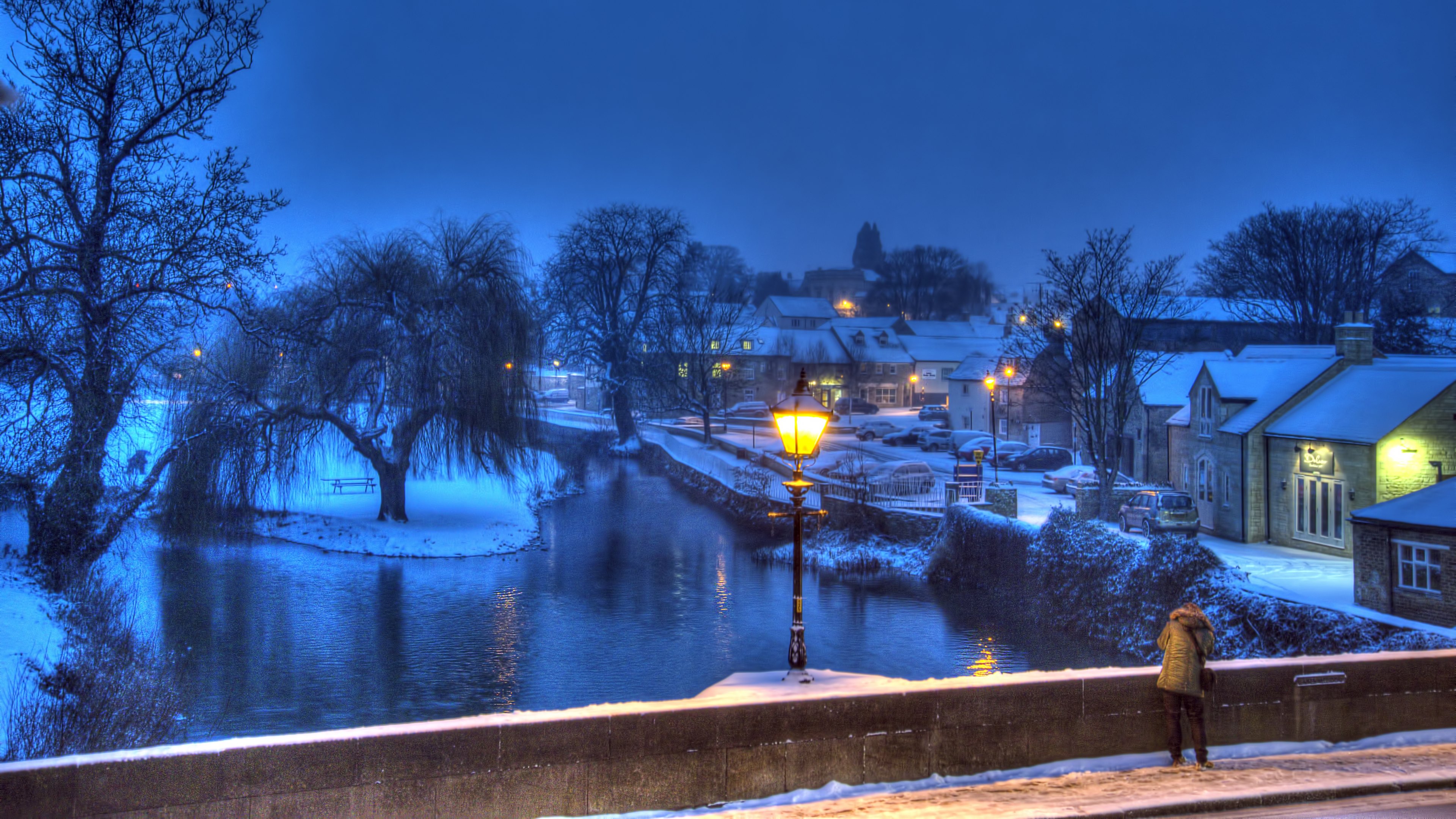 Download mobile wallpaper Winter, Night, Light, Bridge, Photography, Town for free.