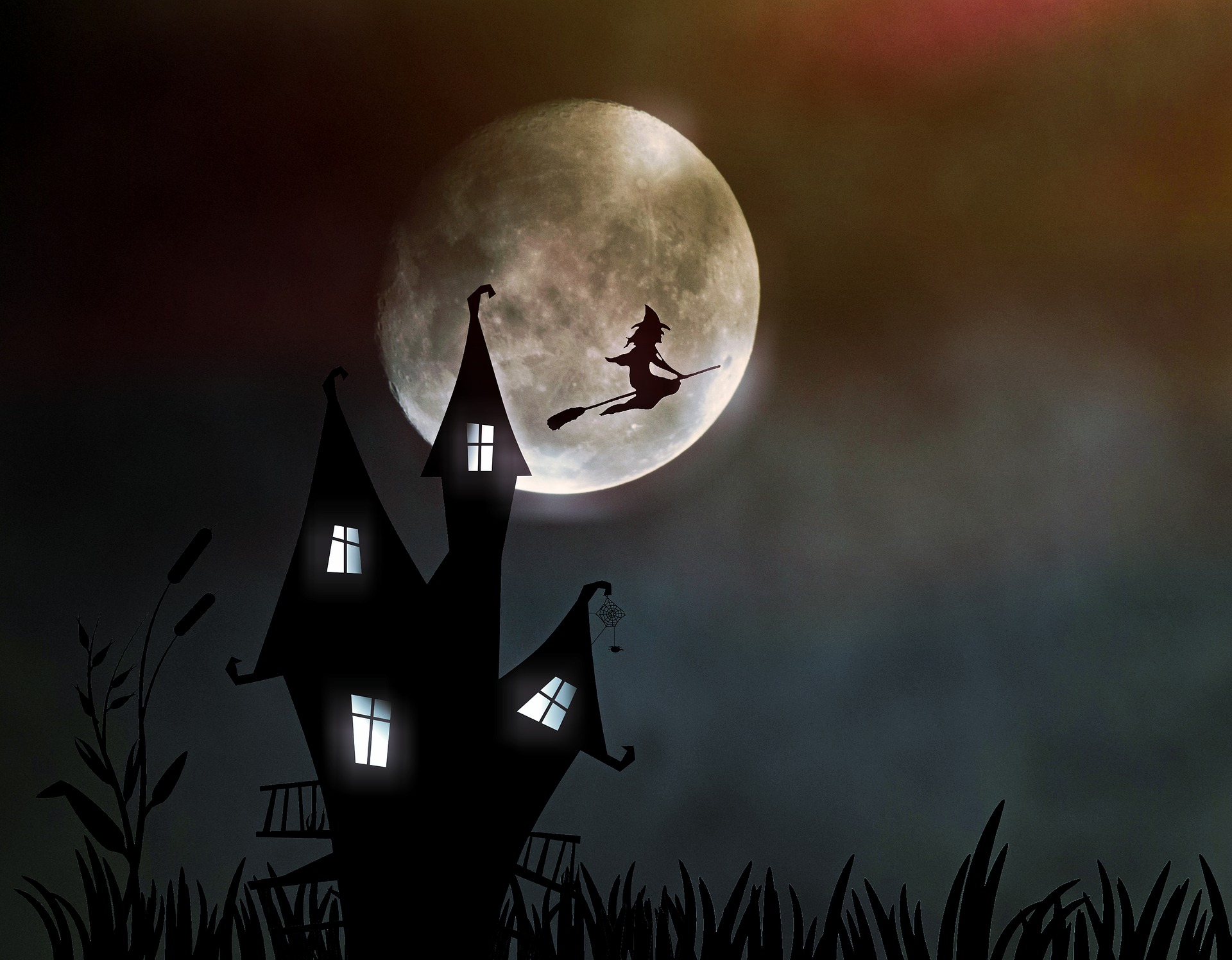 Скачать обои бесплатно Ночь, Луна, Дом, Хэллоуин, Ведьма, Праздничные картинка на рабочий стол ПК