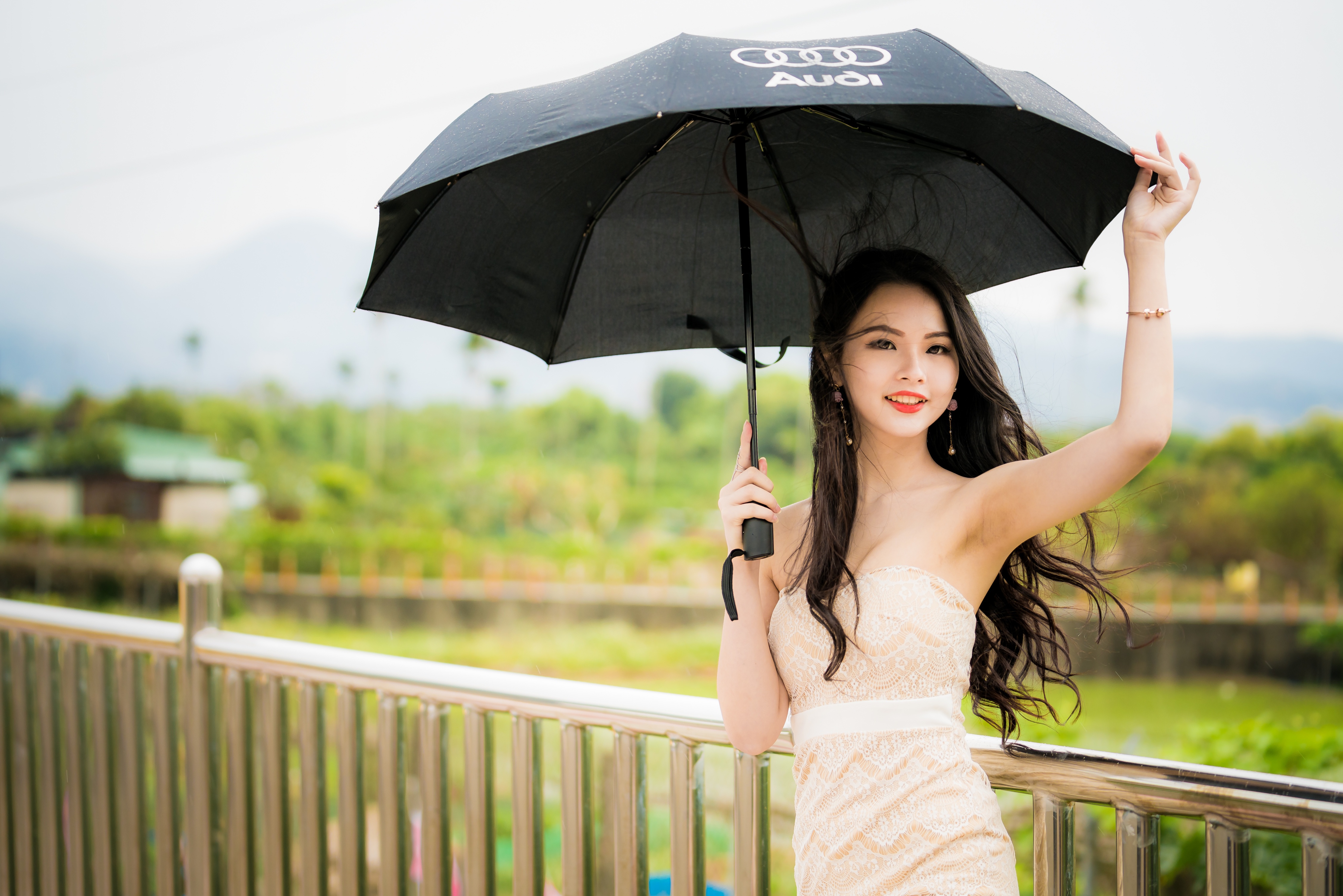 Download mobile wallpaper Umbrella, Model, Women, Asian, Black Hair, Long Hair, Depth Of Field, White Dress for free.