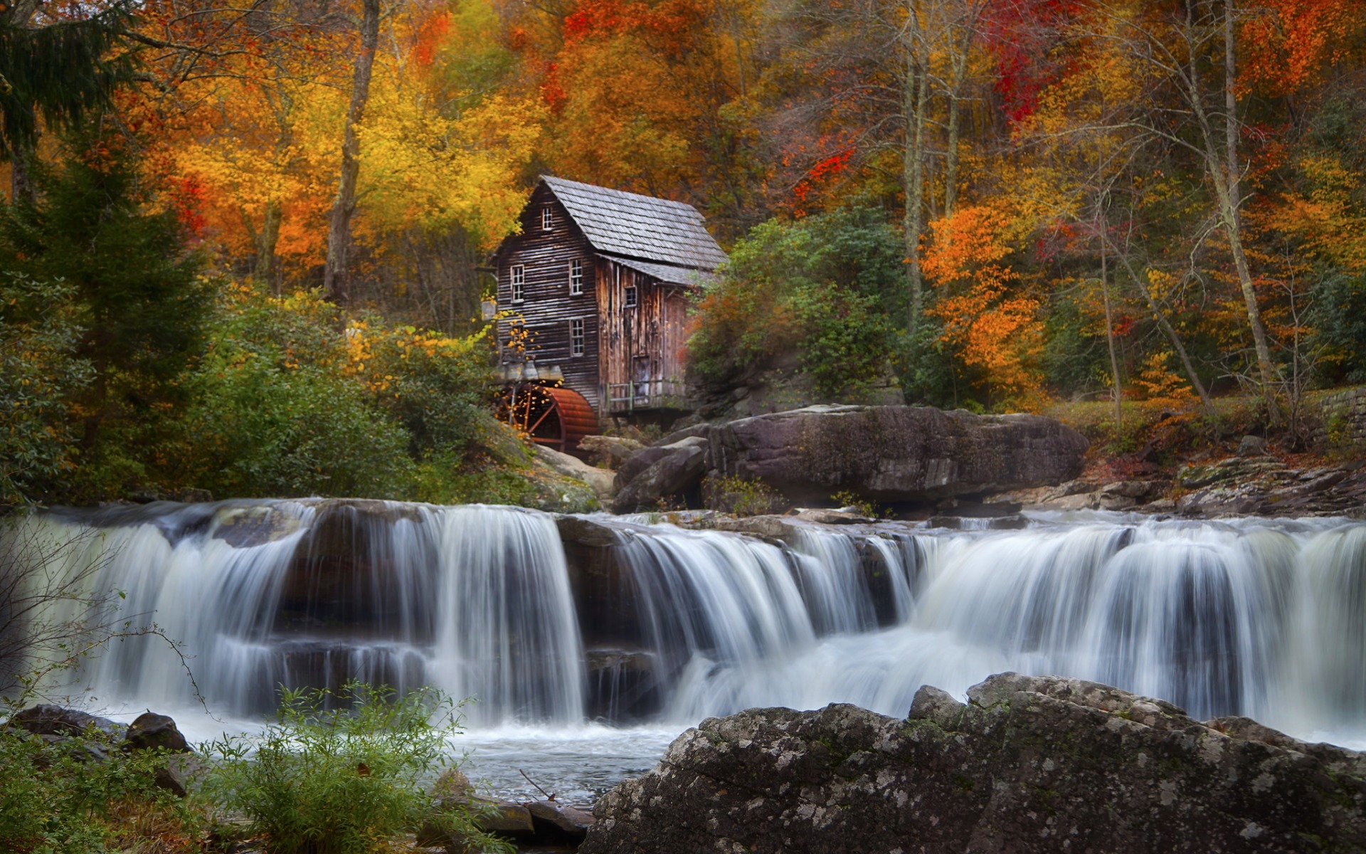 Laden Sie das Herbst, Wasserfall, Wald, Baum, Erde, Menschengemacht, Wassermühle-Bild kostenlos auf Ihren PC-Desktop herunter