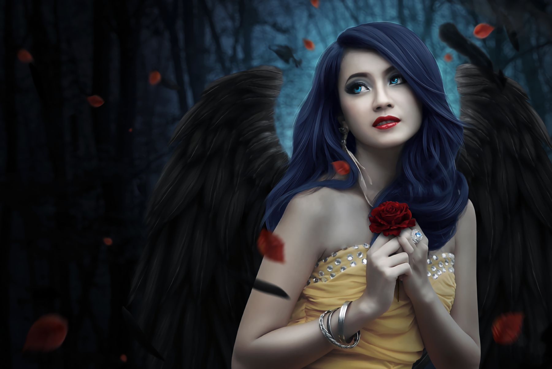 Free download wallpaper Fantasy, Rose, Wings, Angel, Blue Eyes, Blue Hair, Lipstick on your PC desktop