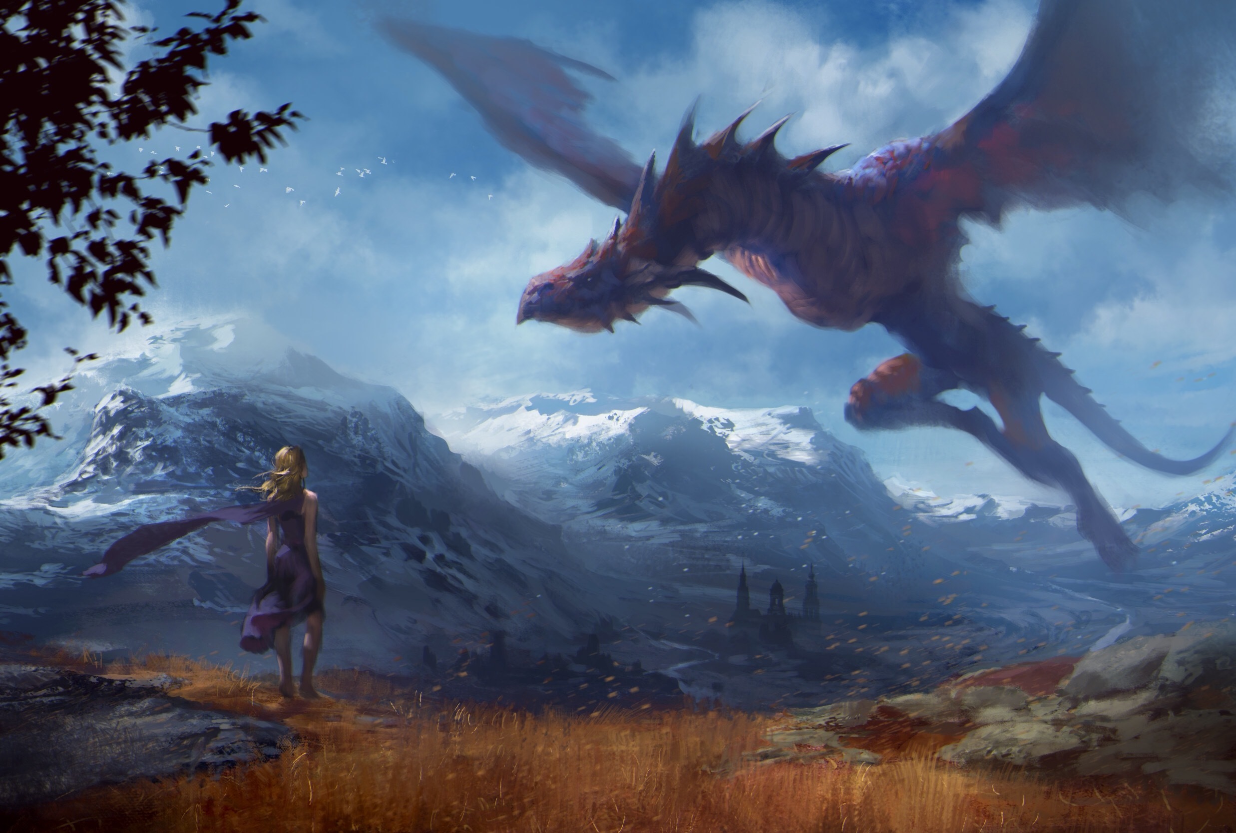 Free download wallpaper Landscape, Fantasy, Mountain, Dragon, Blonde on your PC desktop