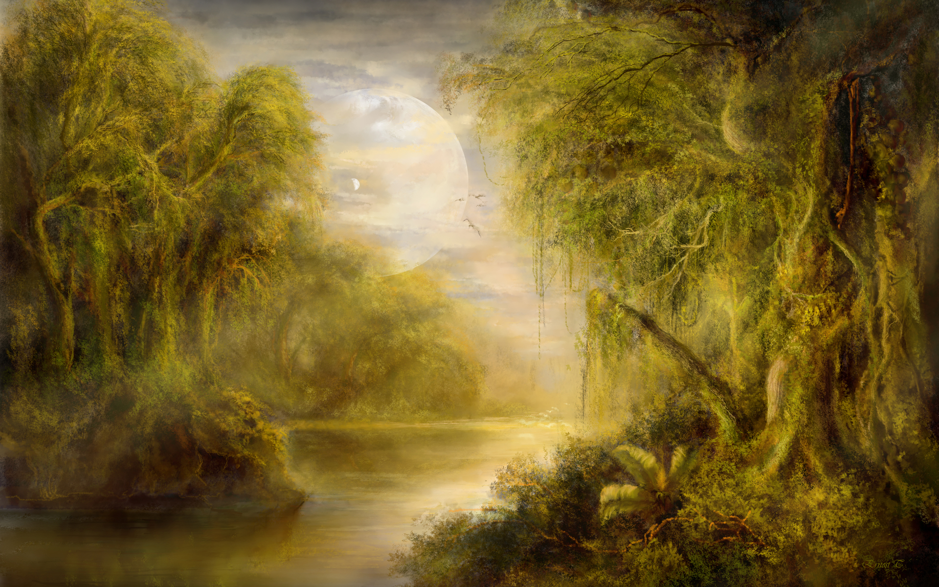 Free download wallpaper Landscape, Moon, Forest, Artistic, Jungle, River, Scenic on your PC desktop