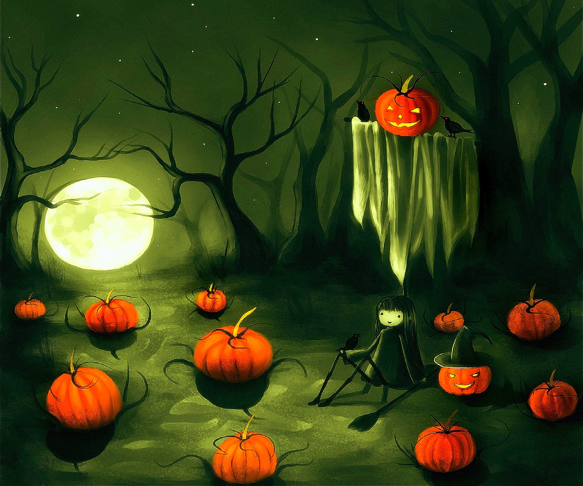 Download mobile wallpaper Halloween, Moon, Pumpkin, Tree, Holiday, Little Girl for free.