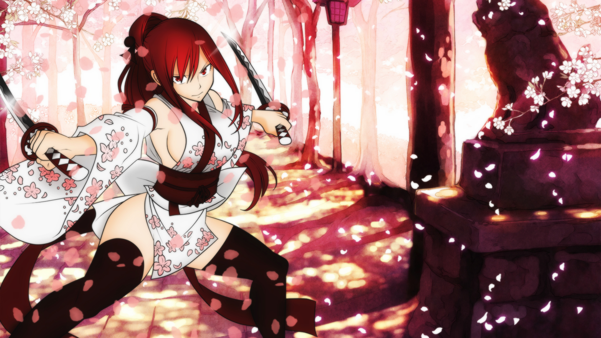 626671 descargar fondo de pantalla animado, fairy tail, erza scarlet, katana, pelo largo, cabello rojo, flor de sakura, yukatas: protectores de pantalla e imágenes gratis