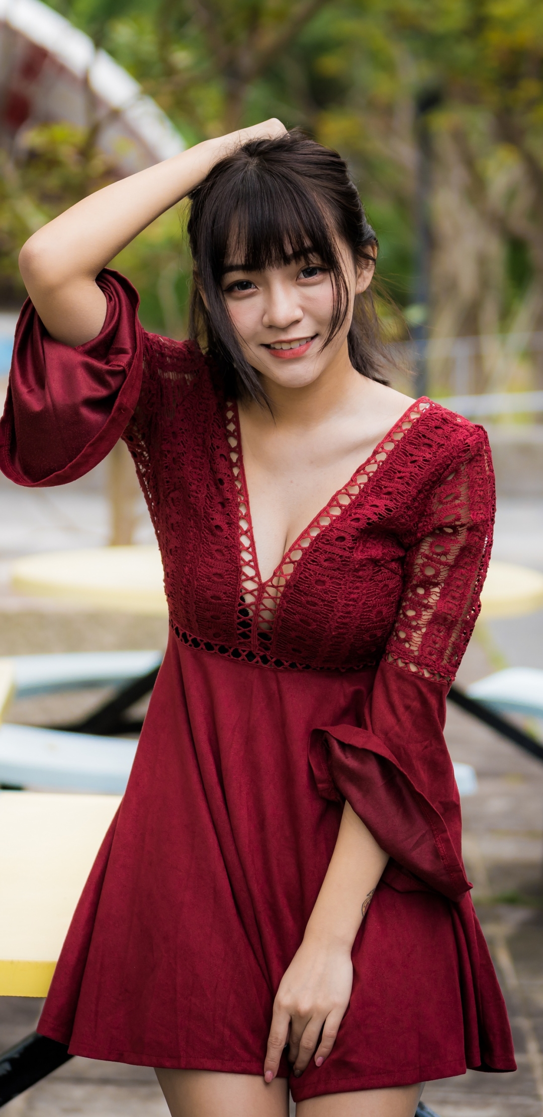 Download mobile wallpaper Brunette, Women, Asian, Red Dress for free.