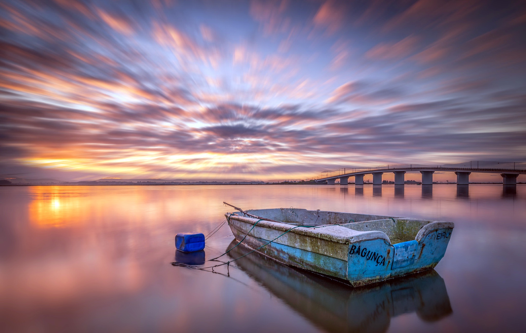 Download mobile wallpaper Sunrise, Bridge, Boat, River, Portugal, Vehicles for free.