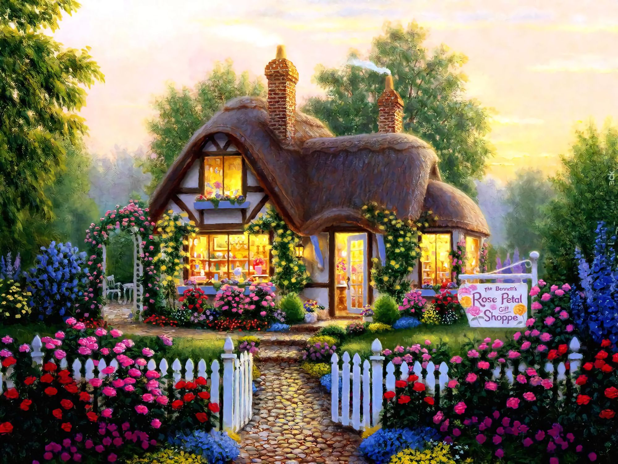 Download mobile wallpaper Flower, House, Painting, Artistic, Cottage for free.