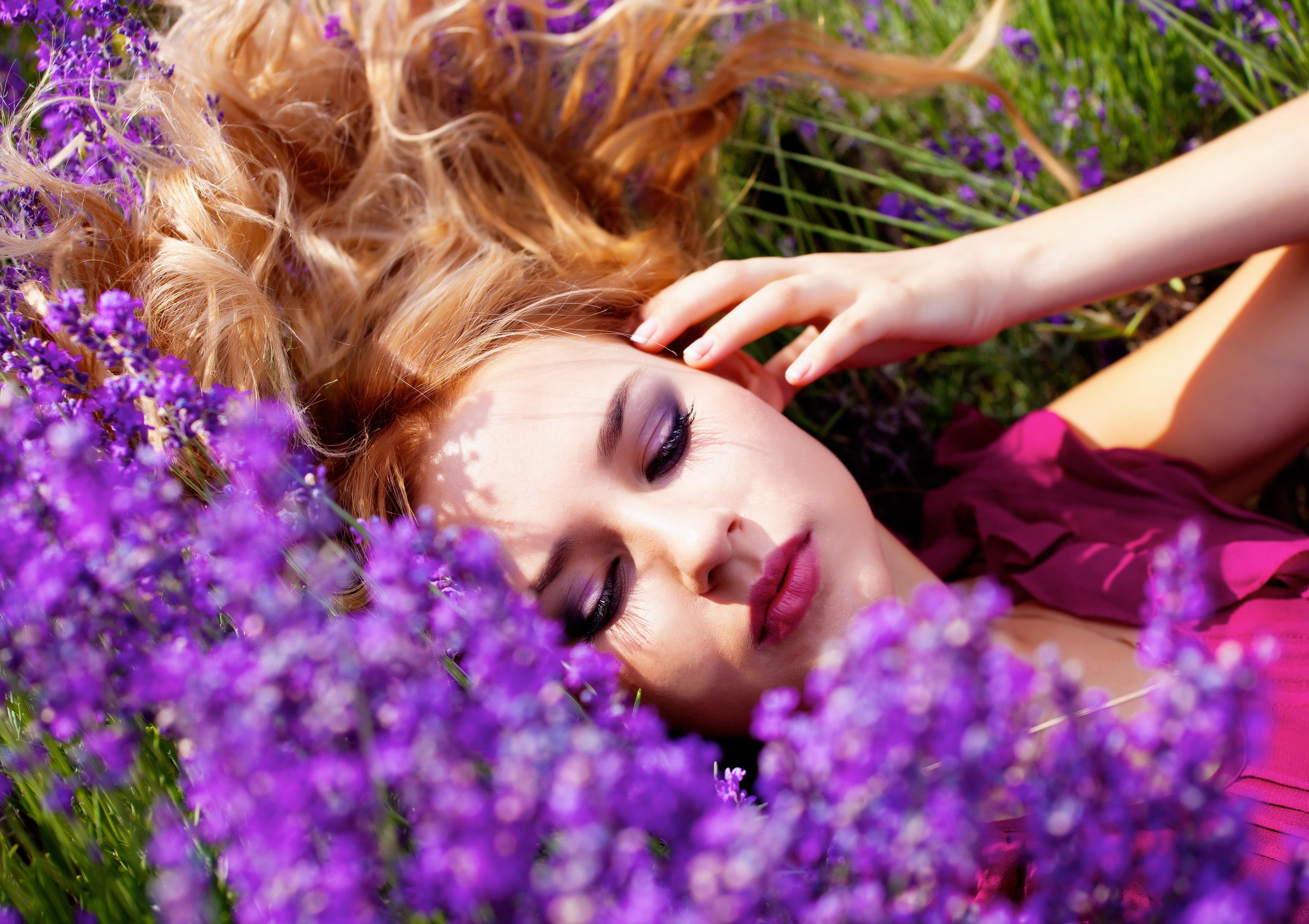 Download mobile wallpaper Redhead, Mood, Face, Lavender, Women, Purple Flower, Lipstick for free.