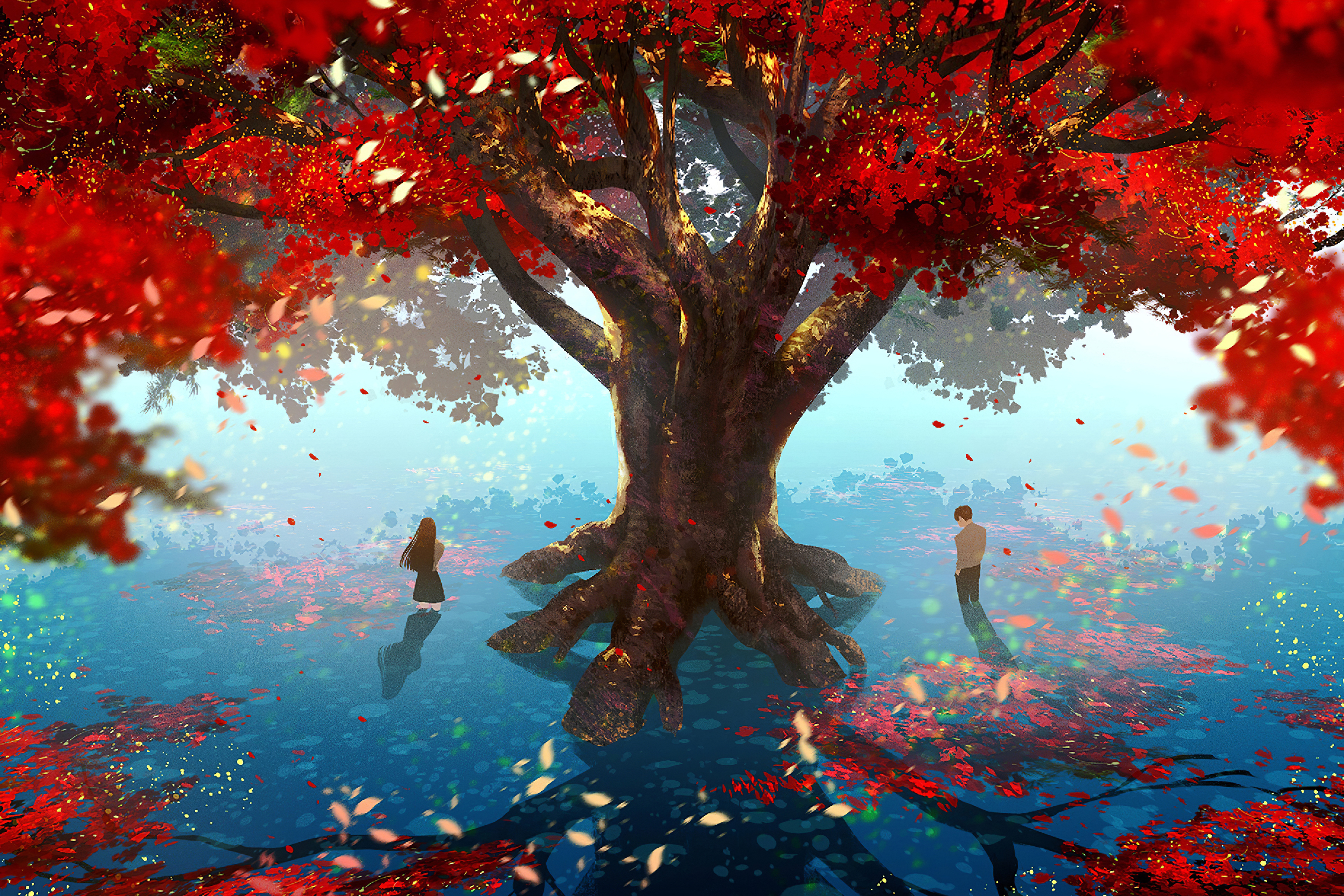 Скачать картинку Аниме, Осень, Отражение, Пара, Дерево в телефон бесплатно.