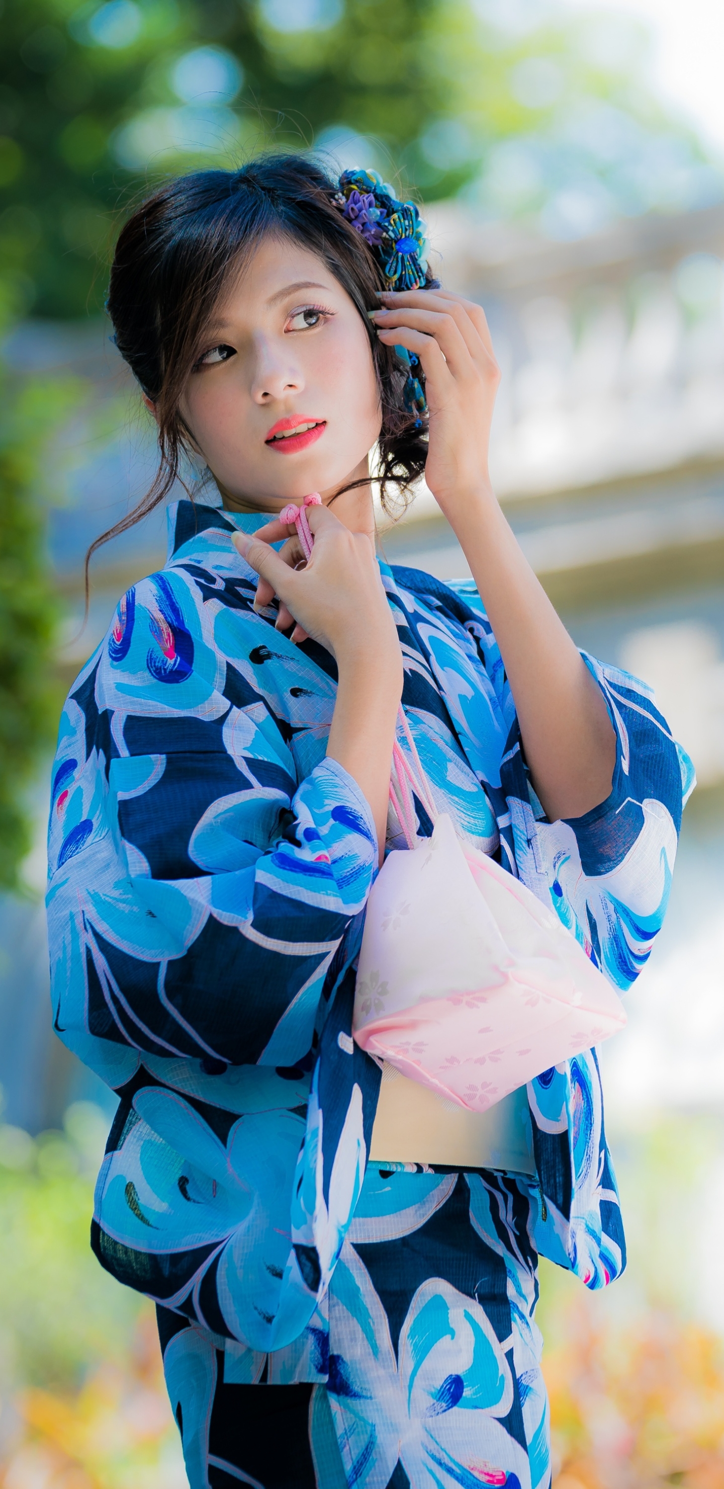 Download mobile wallpaper Kimono, Model, Women, Asian, Black Hair, Lipstick, Depth Of Field for free.