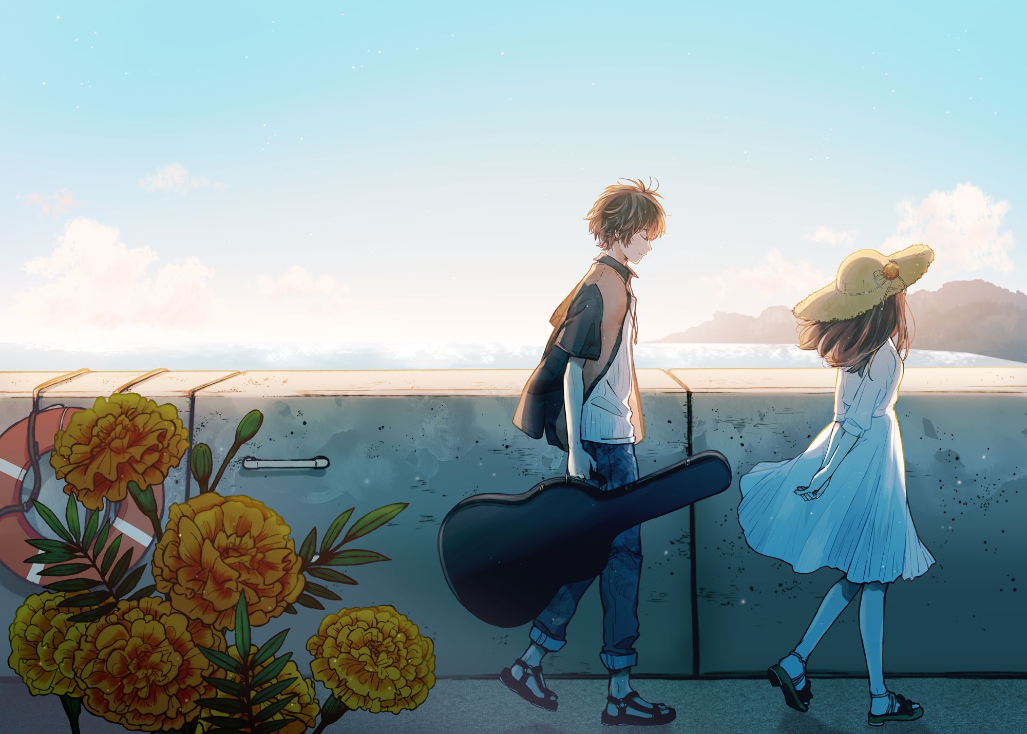 Free download wallpaper Anime, Sea, Flower, Guitar, Hat, Original, Brown Hair, White Dress on your PC desktop