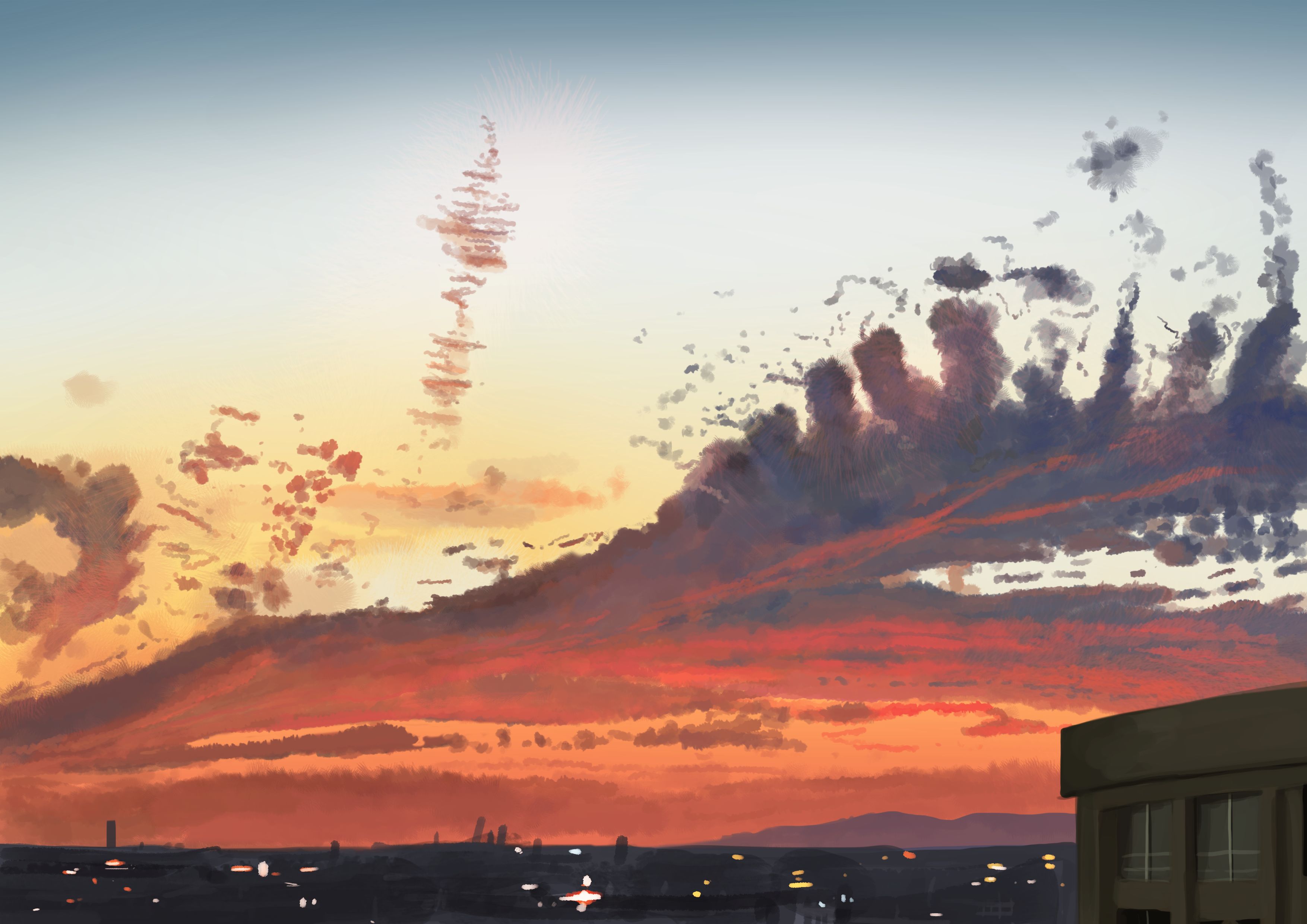 Laden Sie das Wolke, Himmel, Sonnenuntergang, Animes, Großstadt-Bild kostenlos auf Ihren PC-Desktop herunter