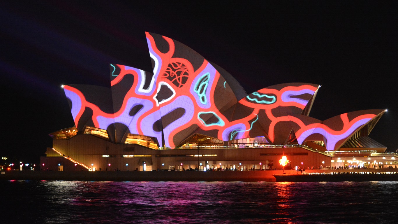 Download mobile wallpaper Night, Architecture, Sydney, Light, Colorful, Australia, Sydney Opera House, Man Made for free.