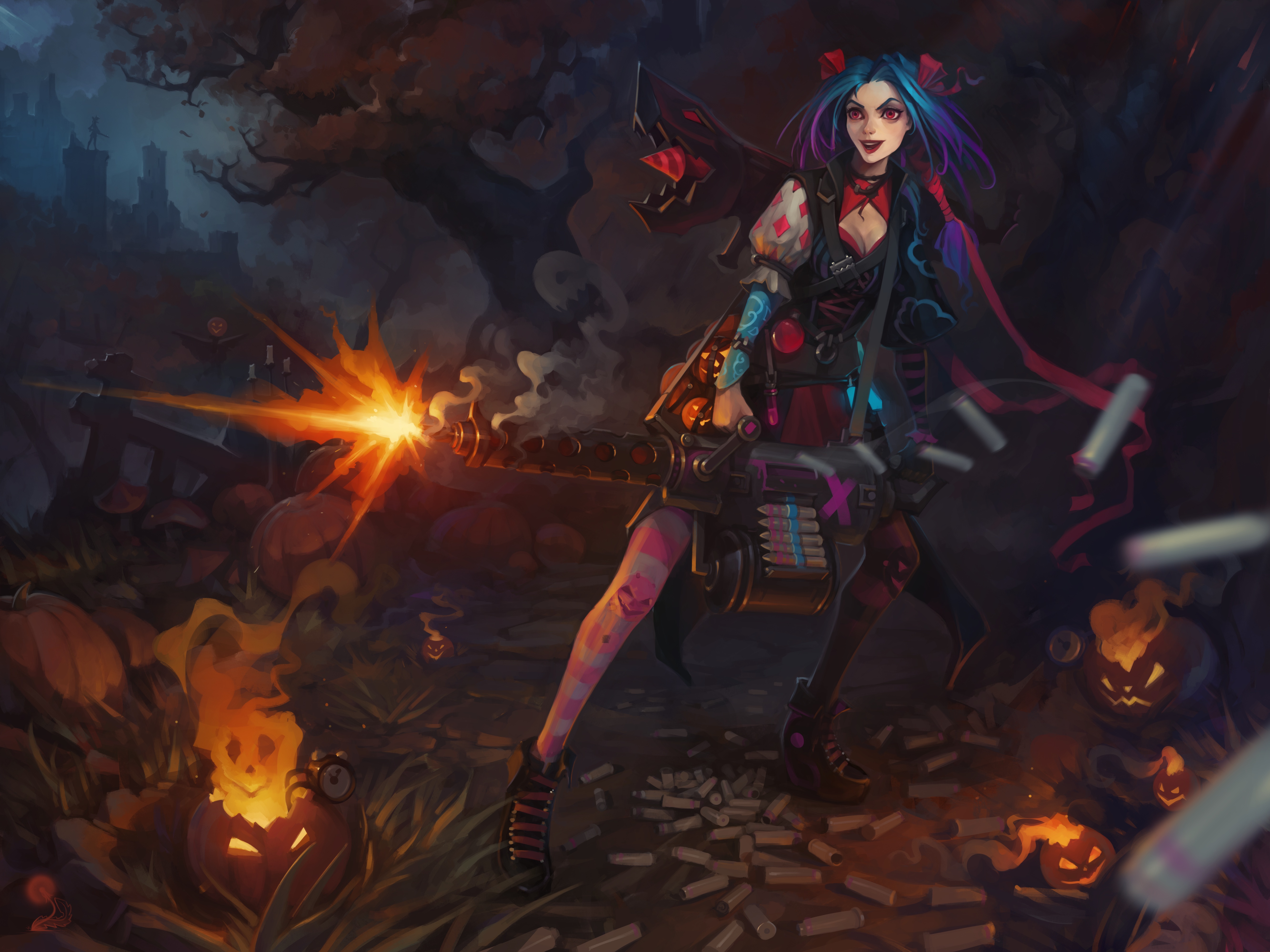 Download mobile wallpaper Halloween, Weapon, League Of Legends, Blue Hair, Video Game, Woman Warrior, Jinx (League Of Legends) for free.