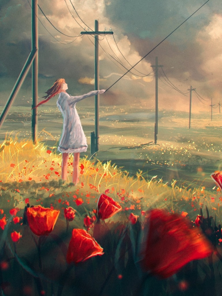 Download mobile wallpaper Anime, Landscape, Sky, Flower, Bird, Cloud, Original for free.