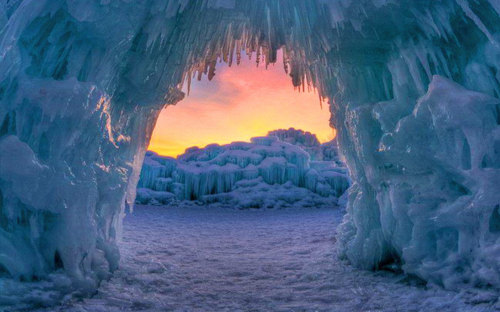 Download mobile wallpaper Winter, Sunset, Ice, Snow, Earth, Arch for free.