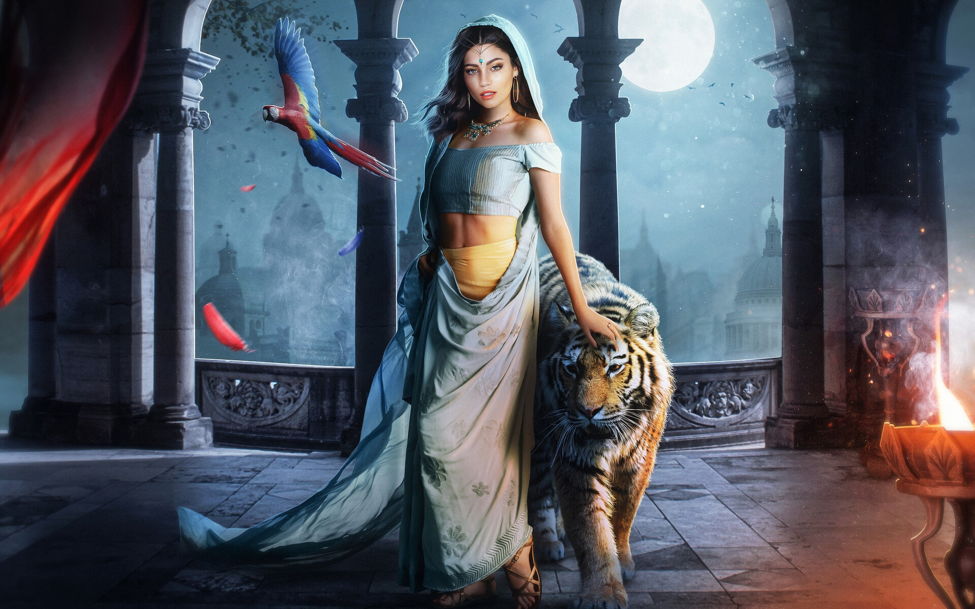 989323 baixar papel de parede fantasia, mulher, princesa jasmine, tigre - protetores de tela e imagens gratuitamente