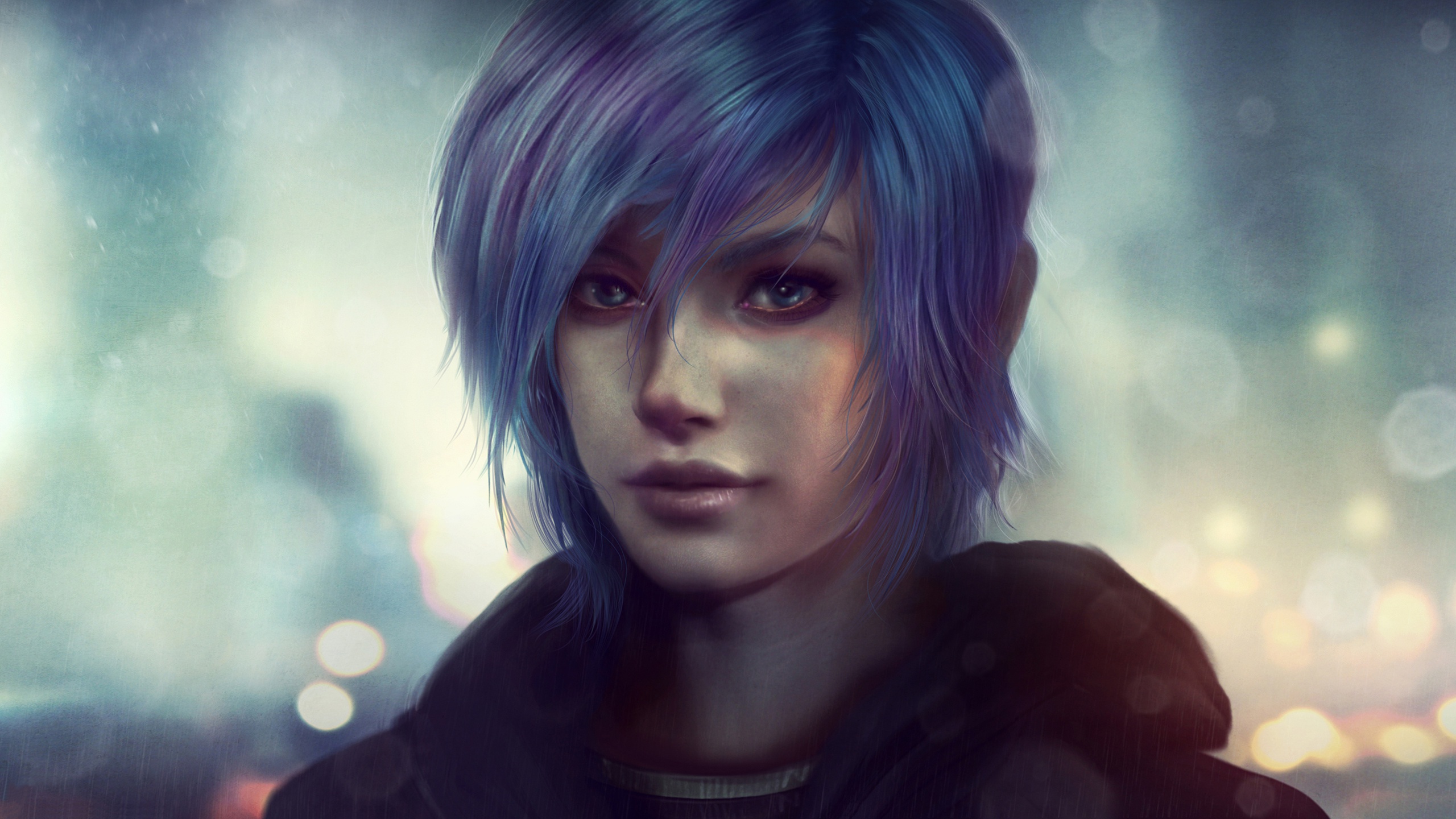 Download mobile wallpaper Sci Fi, Bokeh, Face, Women, Blue Eyes, Blue Hair, Short Hair for free.