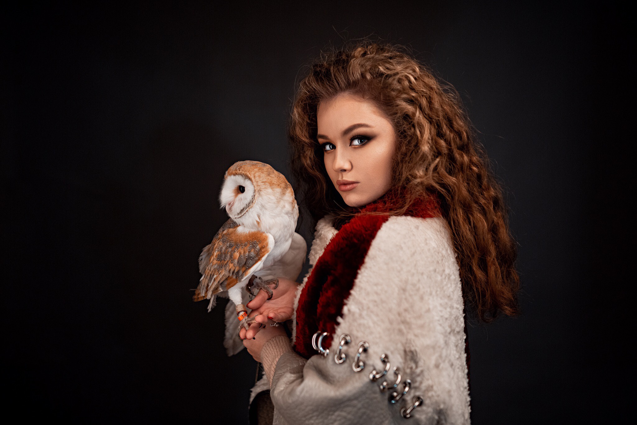 Download mobile wallpaper Owl, Bird, Redhead, Model, Women, Barn Owl, Long Hair for free.