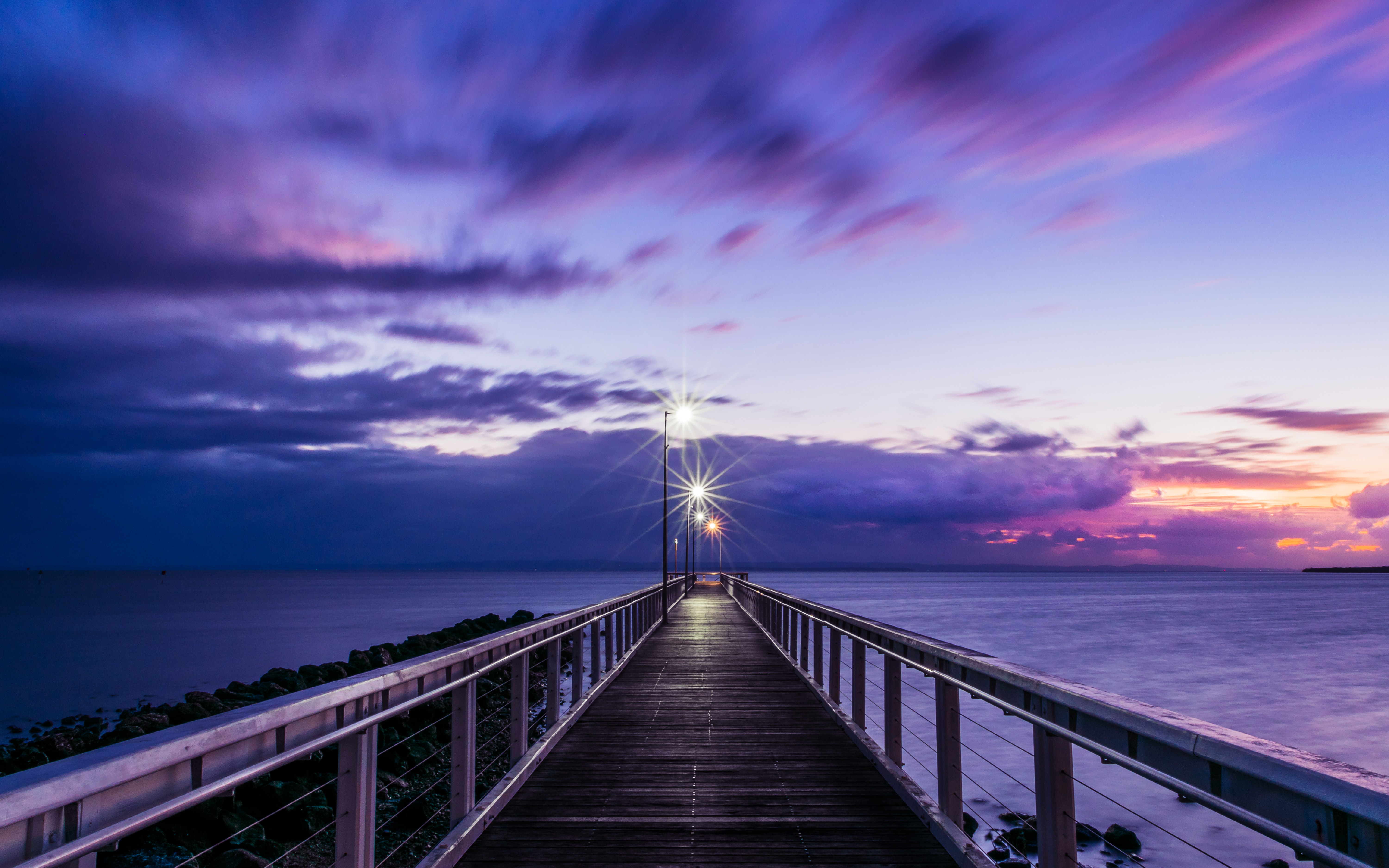 Free download wallpaper Nature, Sunset, Clouds, Horizon, Lilac, Pier, Sea on your PC desktop