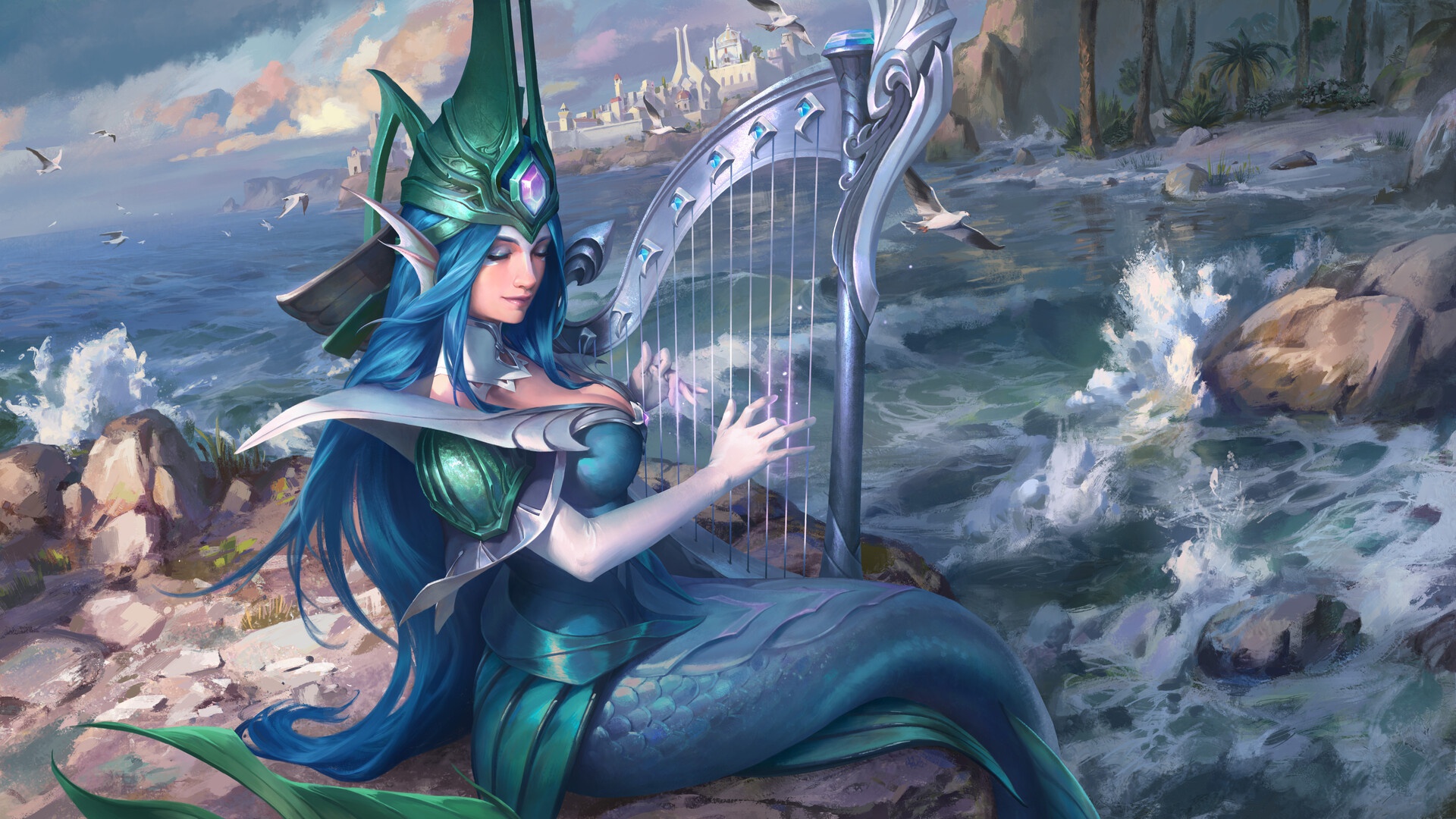 fantasy, mermaid, blue hair, harp, long hair