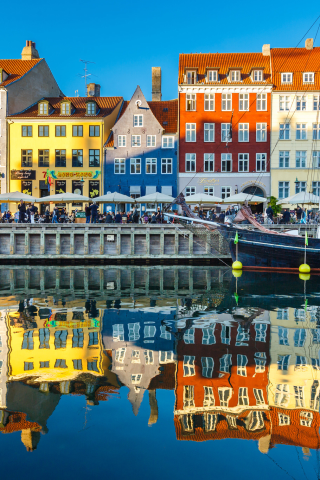 Download mobile wallpaper Cities, City, Reflection, House, Colors, Boat, Colorful, Copenhagen, Man Made for free.