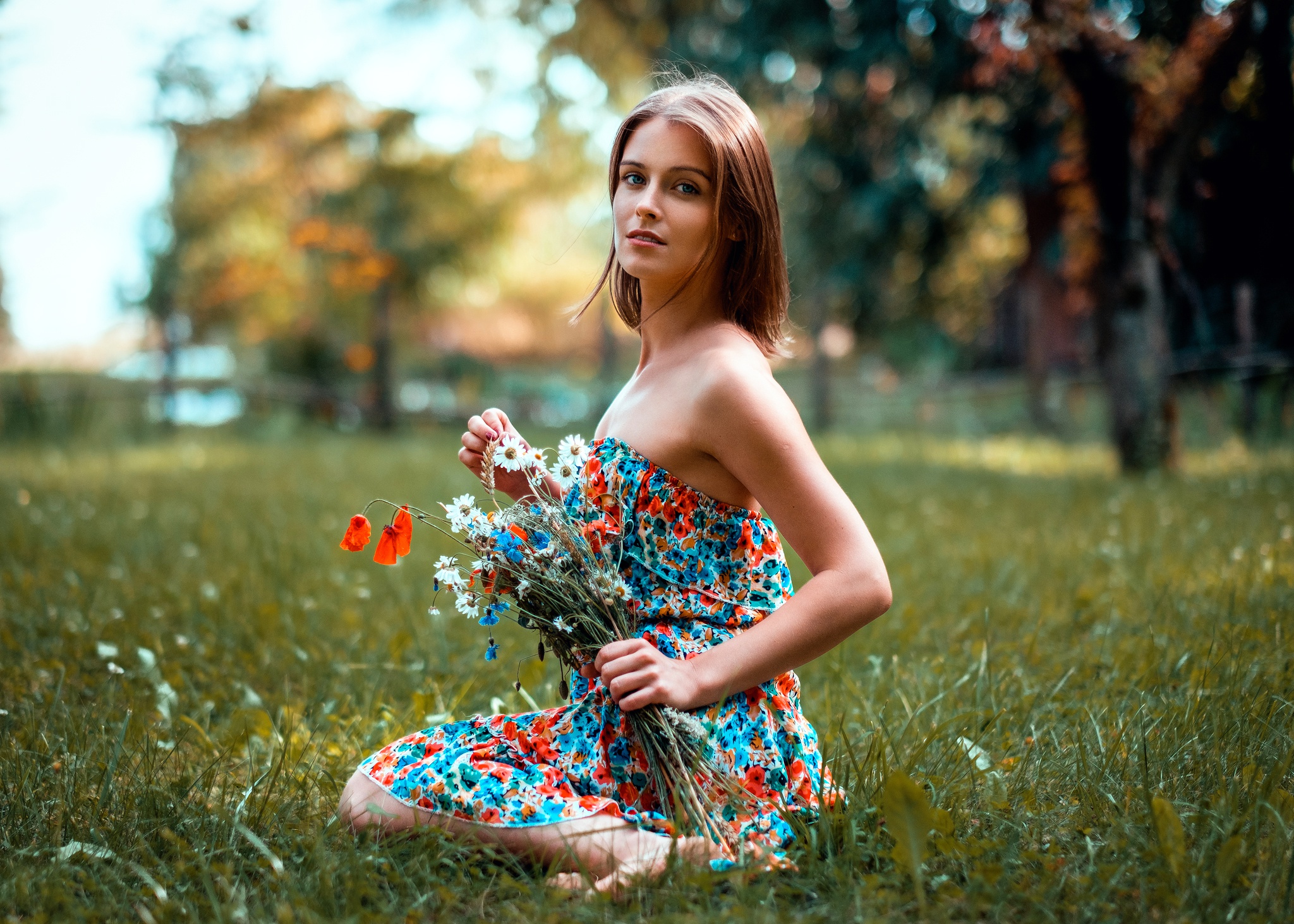 Download mobile wallpaper Summer, Flower, Redhead, Bokeh, Dress, Model, Women, Depth Of Field for free.