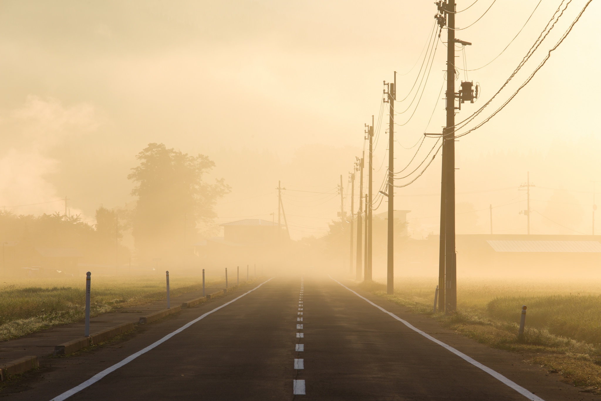 Download mobile wallpaper Road, Fog, Man Made, Power Line for free.