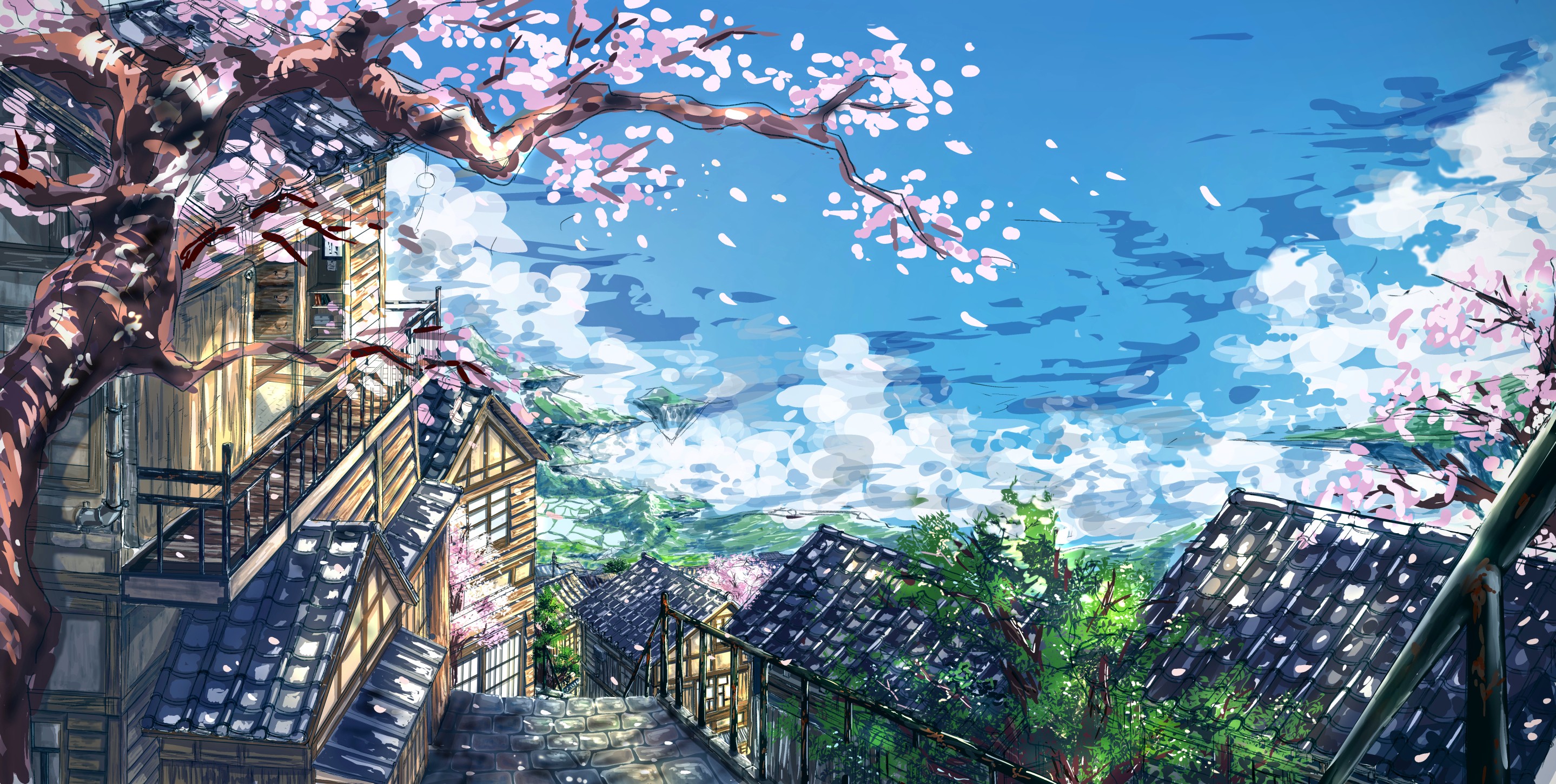 Descarga gratuita de fondo de pantalla para móvil de Cielo, House, Sakura, Animado.