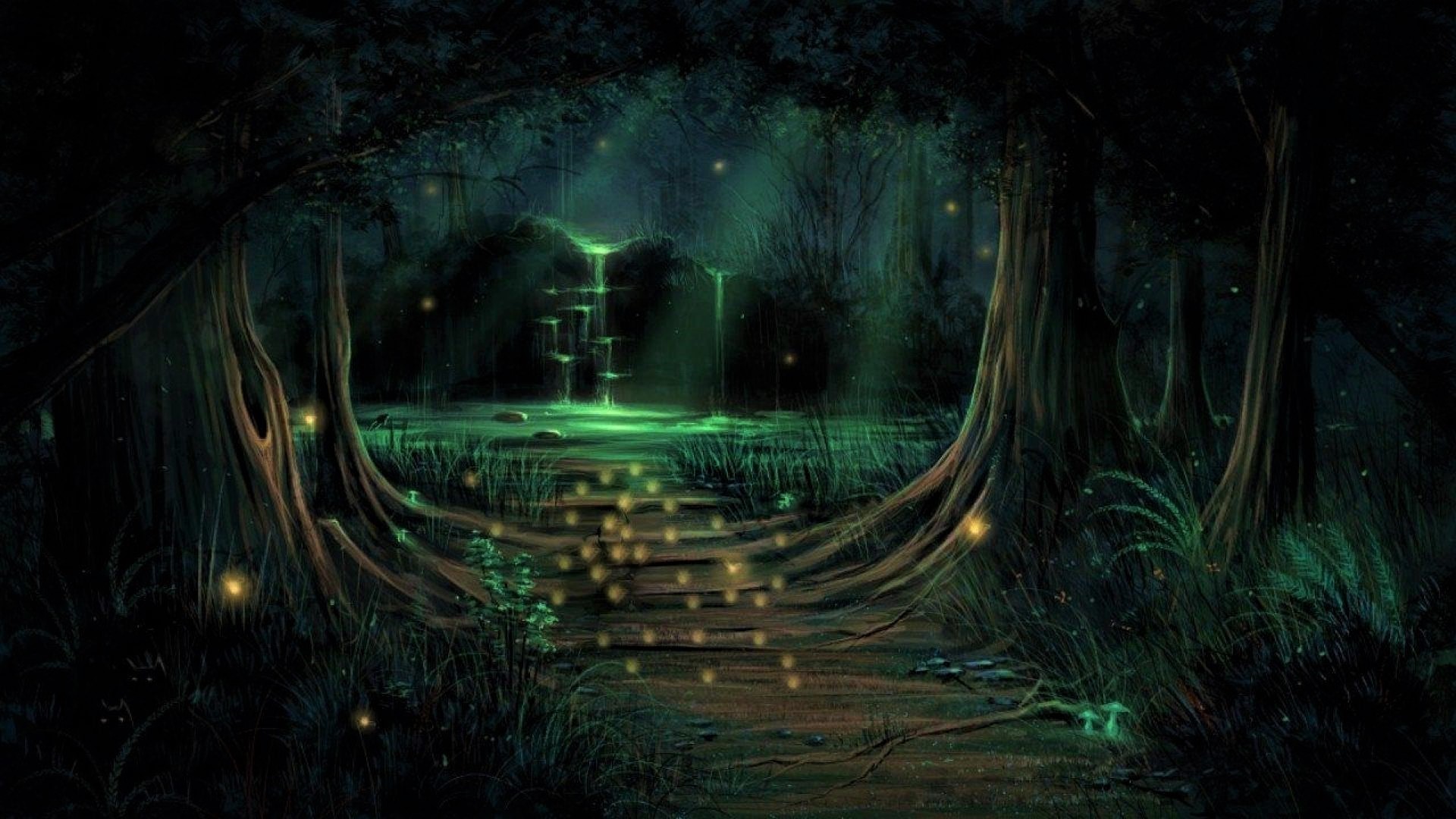 mystical, glow, fantasy, forest, mushroom, tree, waterfall