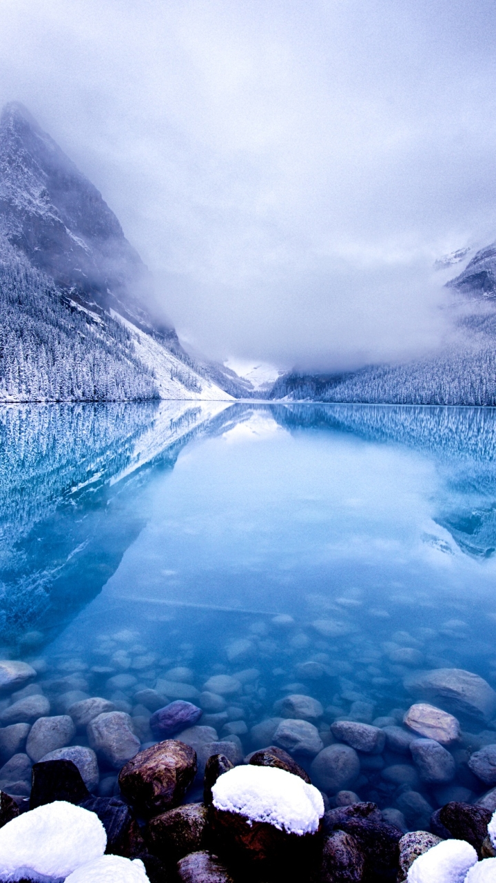 Download mobile wallpaper Winter, Snow, Lakes, Mountain, Lake, Reflection, Canada, Earth for free.