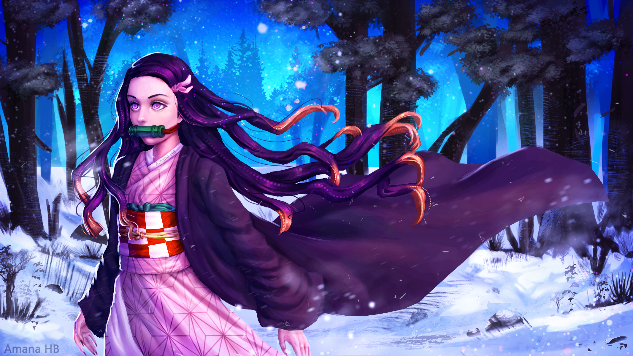 Laden Sie das Schnee, Wald, Kimono, Animes, Nezuko Kamado, Demon Slayer-Bild kostenlos auf Ihren PC-Desktop herunter