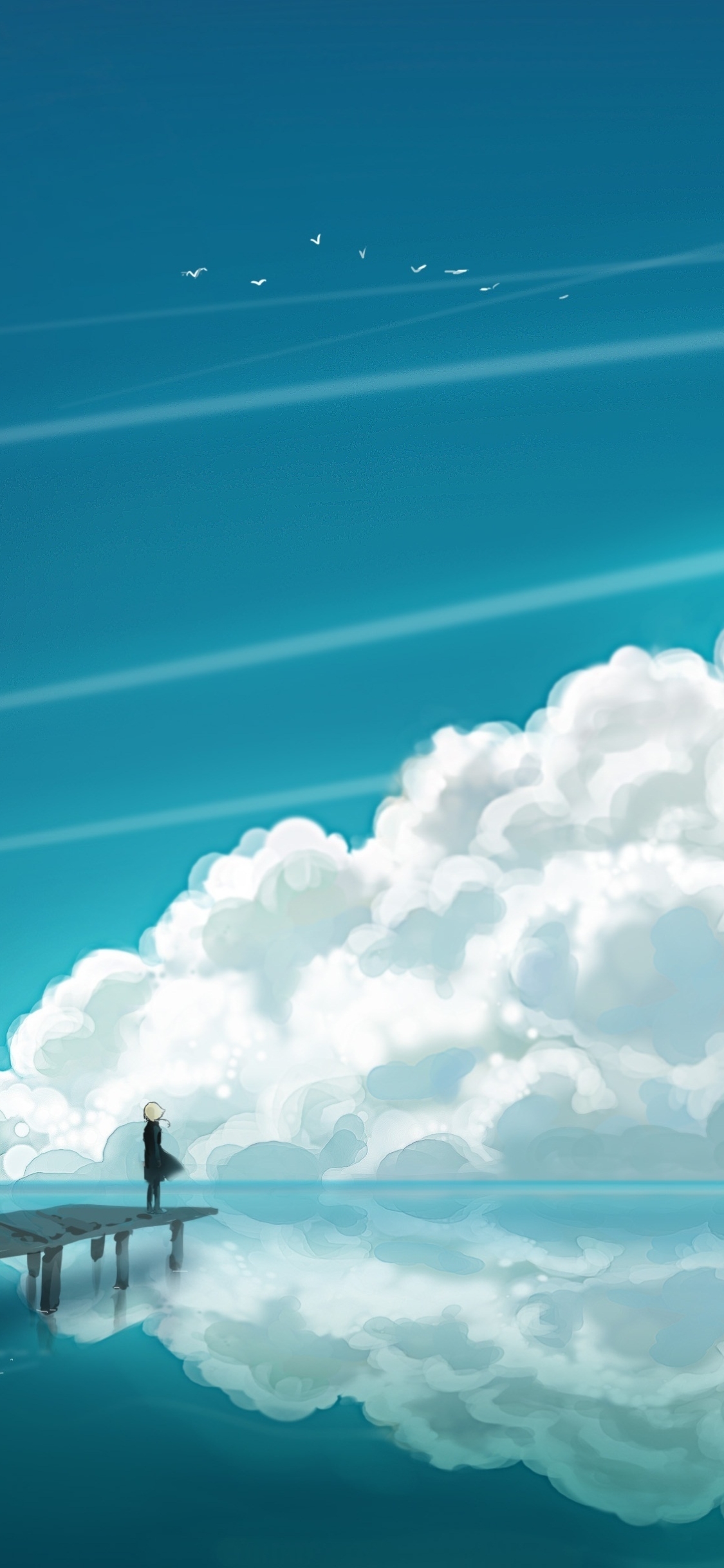 Download mobile wallpaper Anime, Sky, Reflection, Pier, Ocean, Cloud for free.