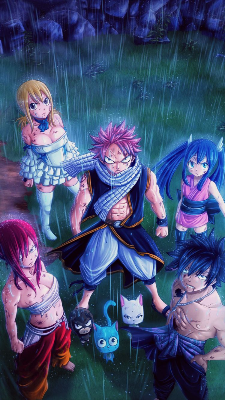 Download mobile wallpaper Anime, Rain, Fairy Tail, Lucy Heartfilia, Natsu Dragneel, Erza Scarlet, Gray Fullbuster, Wendy Marvell for free.