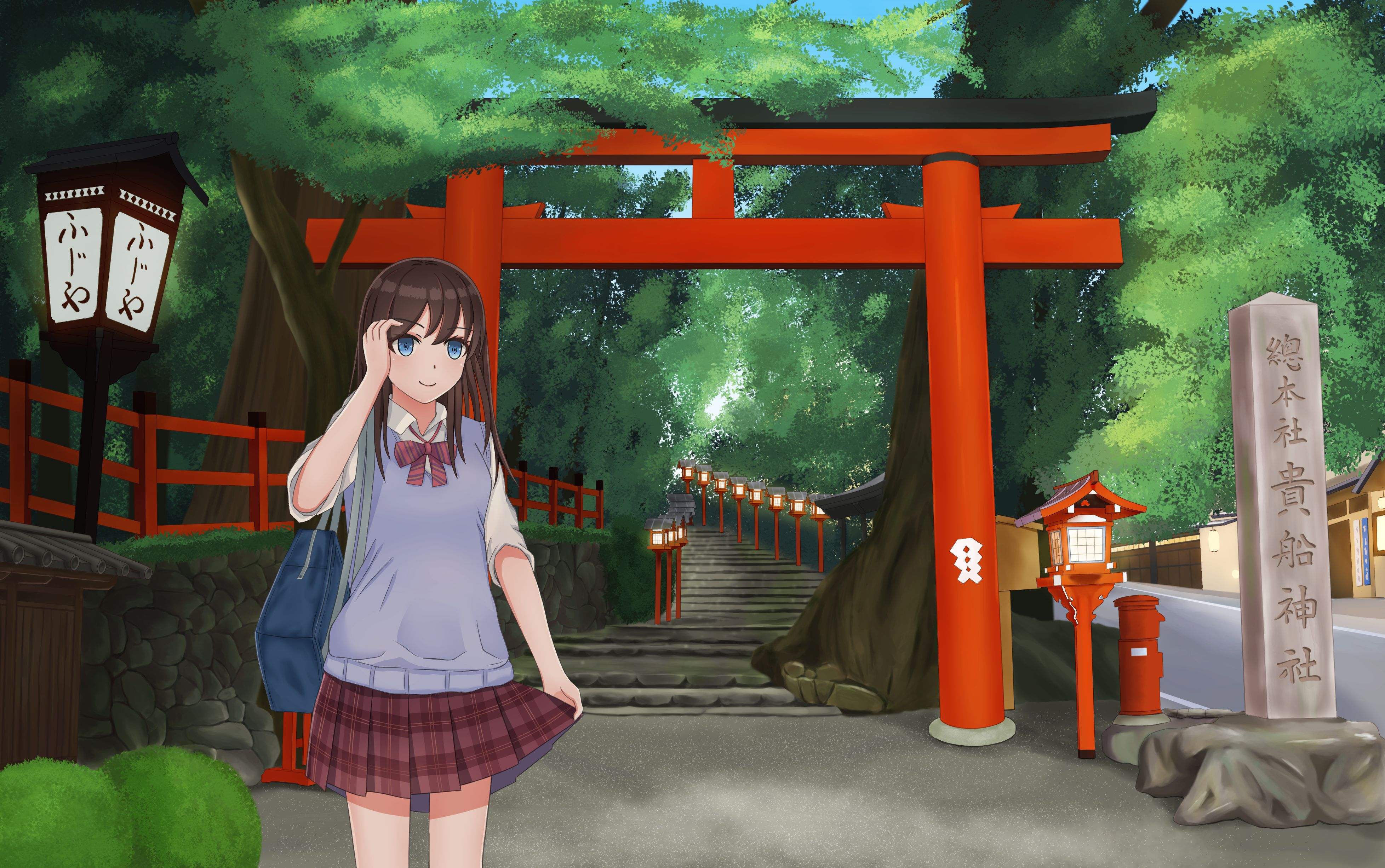Download mobile wallpaper Anime, Tree, Stairs, Bag, Blue Eyes, Original, School Uniform, Brown Hair, Greenery for free.