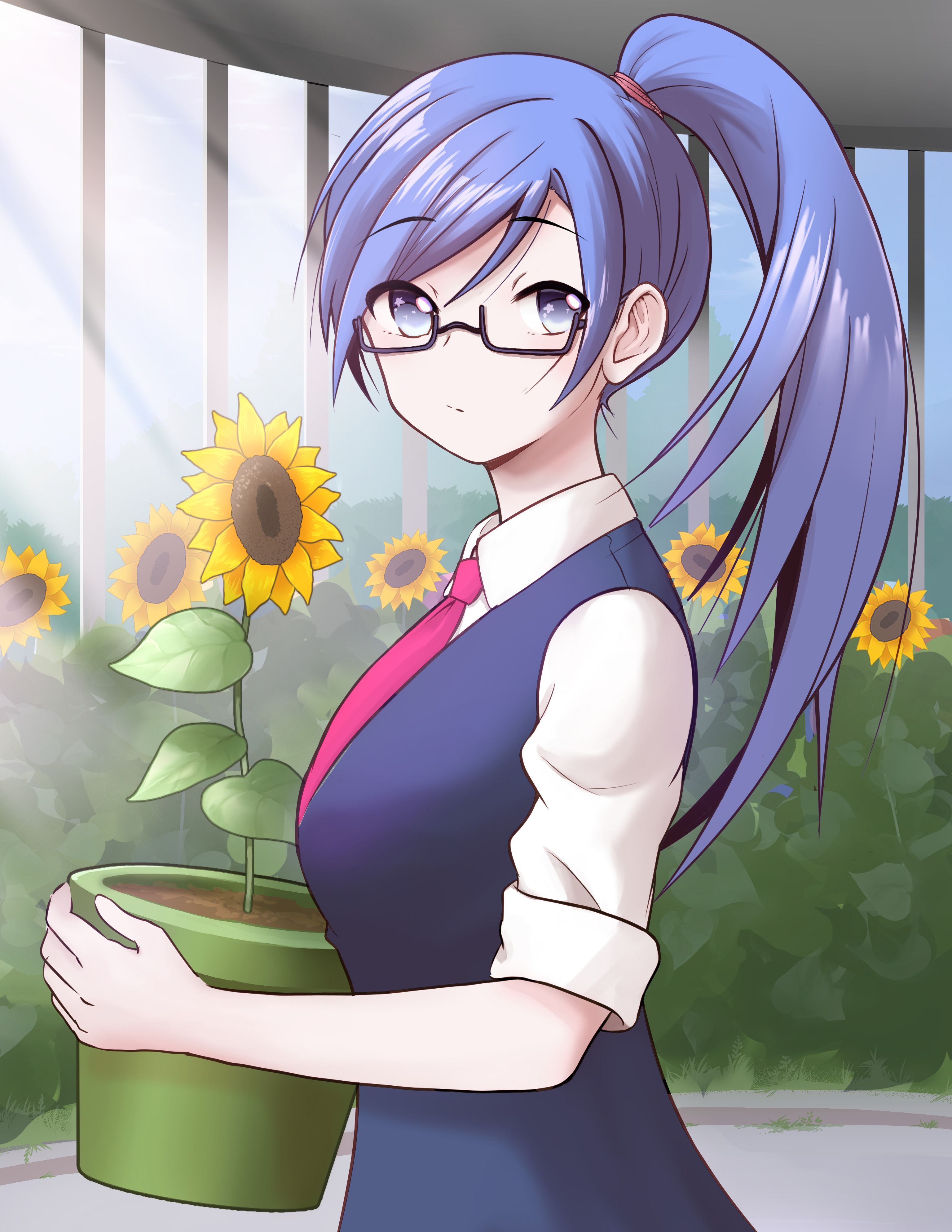 anime, flowers, sunflowers, girl, glasses, spectacles Desktop Wallpaper