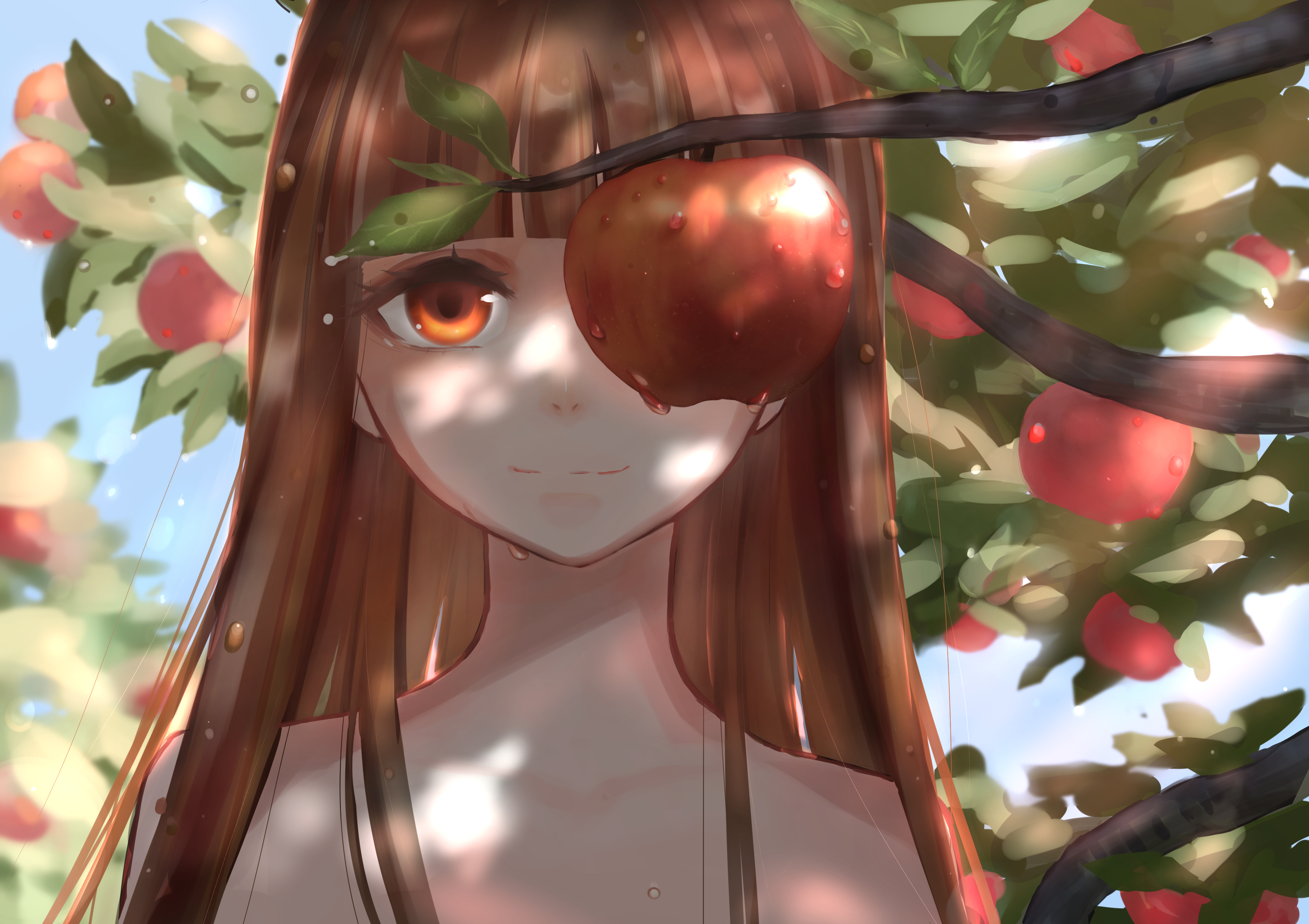Download mobile wallpaper Anime, Apple, Smile, Original, Long Hair, Brown Hair, Orange Eyes for free.