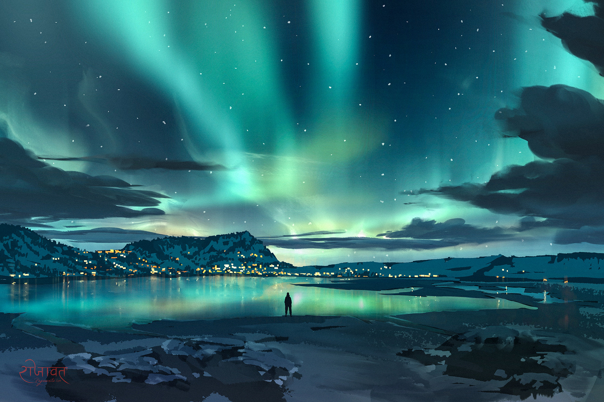 Laden Sie das Landschaft, Winter, See, Gebirge, Nacht, Himmel, Künstlerisch, Nordlicht-Bild kostenlos auf Ihren PC-Desktop herunter