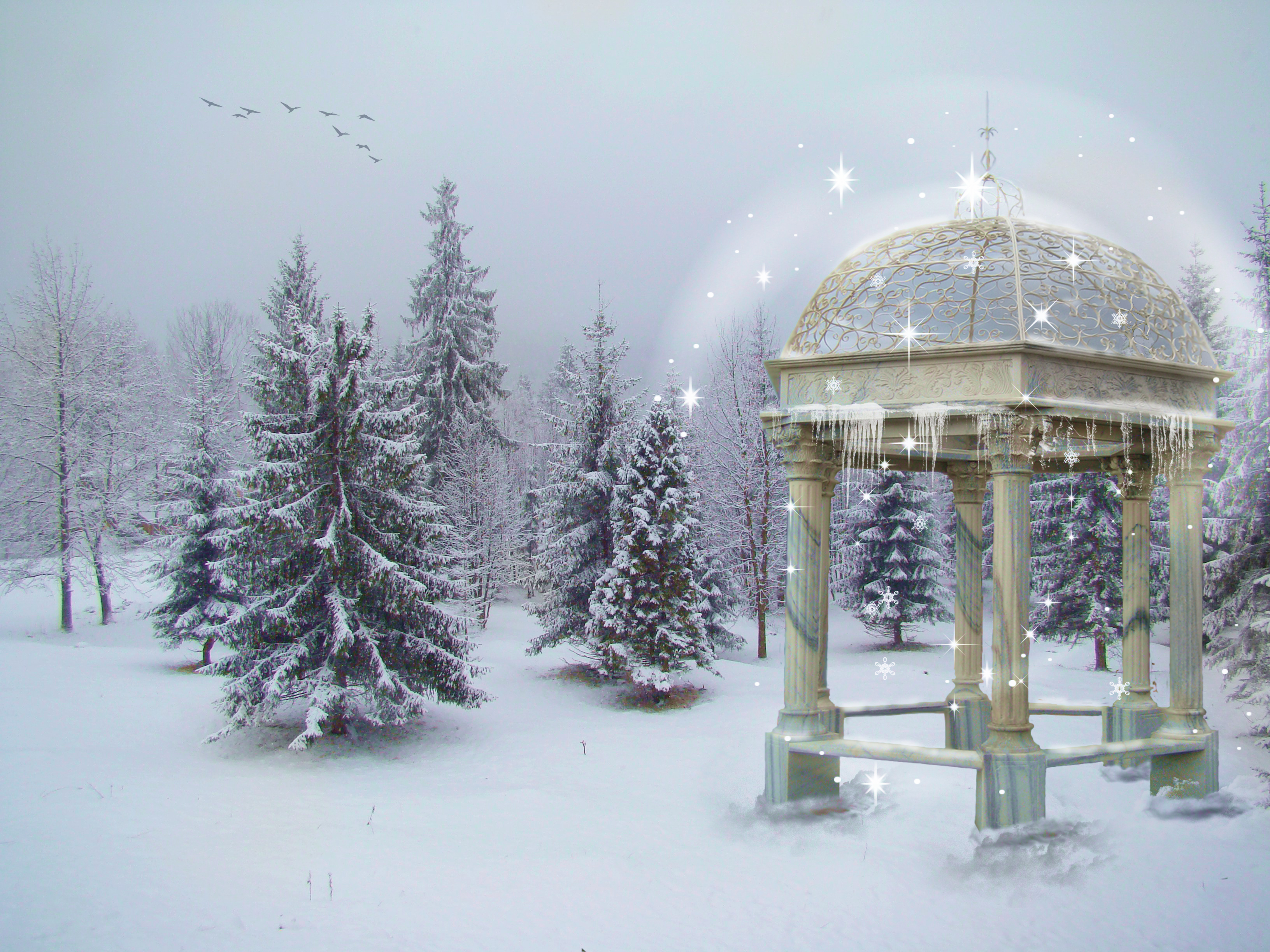 Free download wallpaper Winter, Snow, Forest, Tree, Artistic, Gazebo, Sparkles on your PC desktop