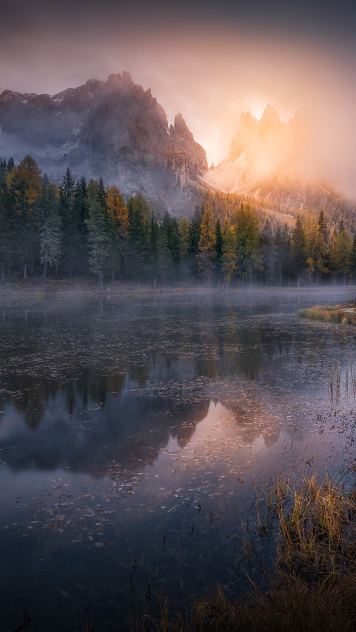 Download mobile wallpaper Lake, Forest, Fog, Fall, Earth, Cliff, River for free.