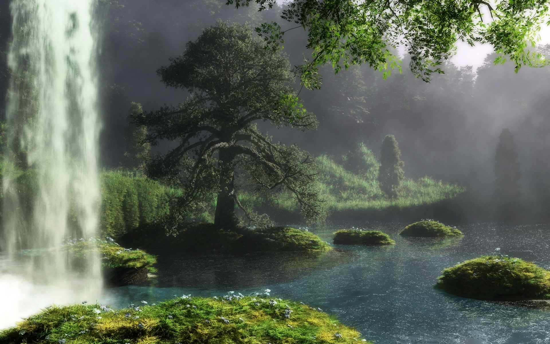 523709 descargar fondo de pantalla árbol, rio, fantasía, paisaje, cascada: protectores de pantalla e imágenes gratis