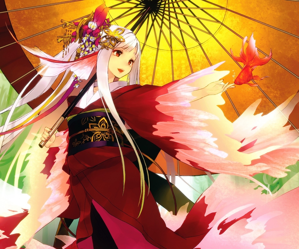 Download mobile wallpaper Anime, Fish, Kimono, Ribbon, Geisha for free.